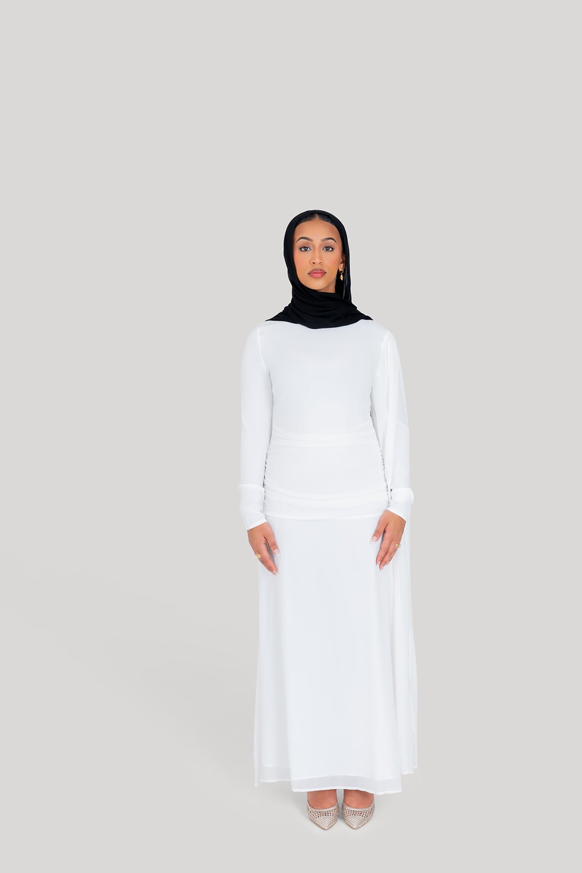 White Ruched Cape Dress