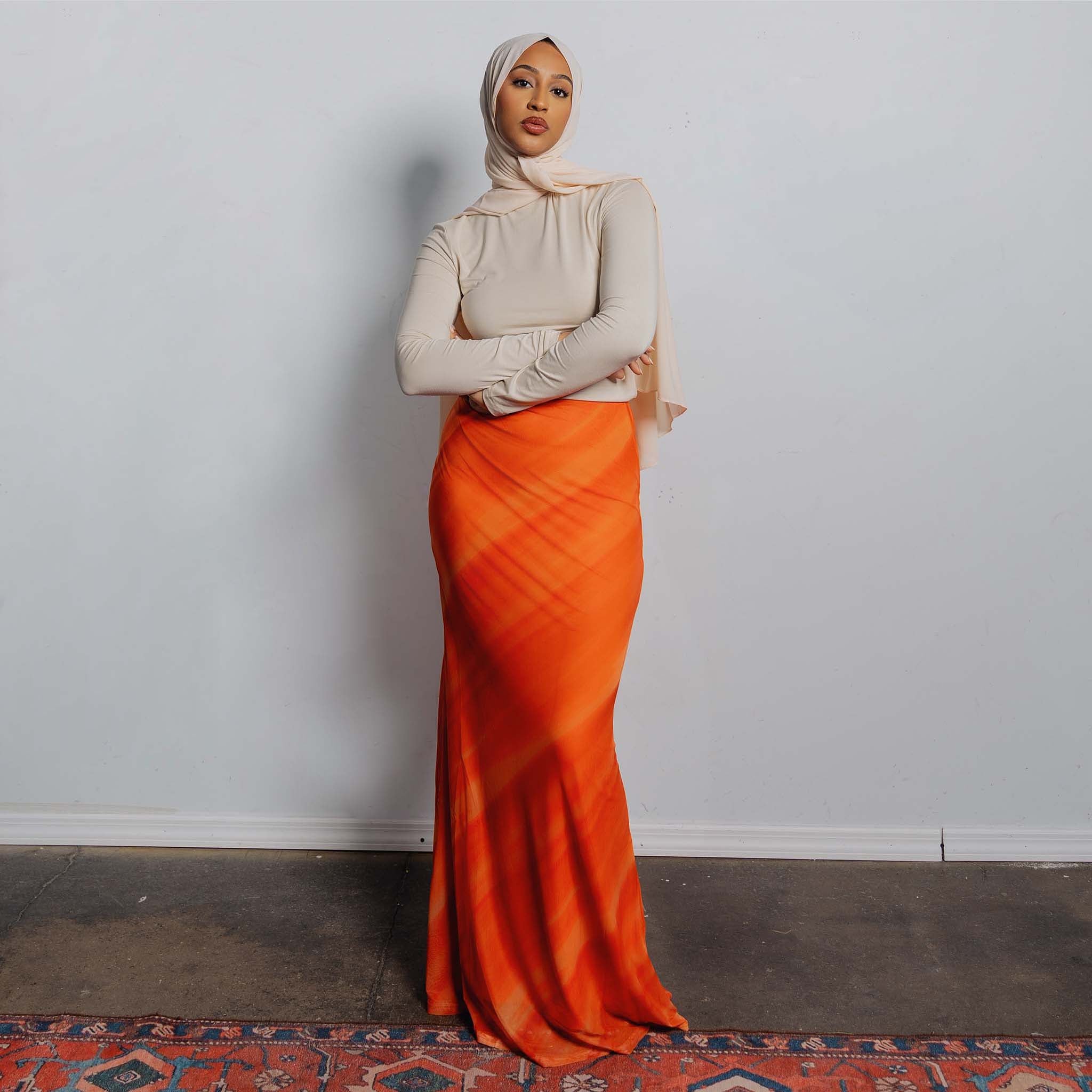 Orange Sunset Print Maxi Skirt
