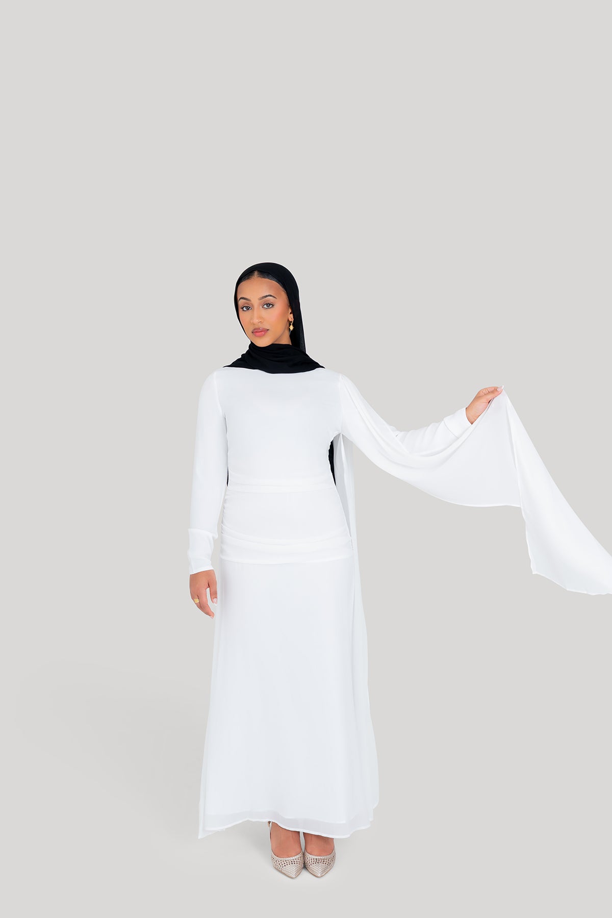White Ruched Cape Dress