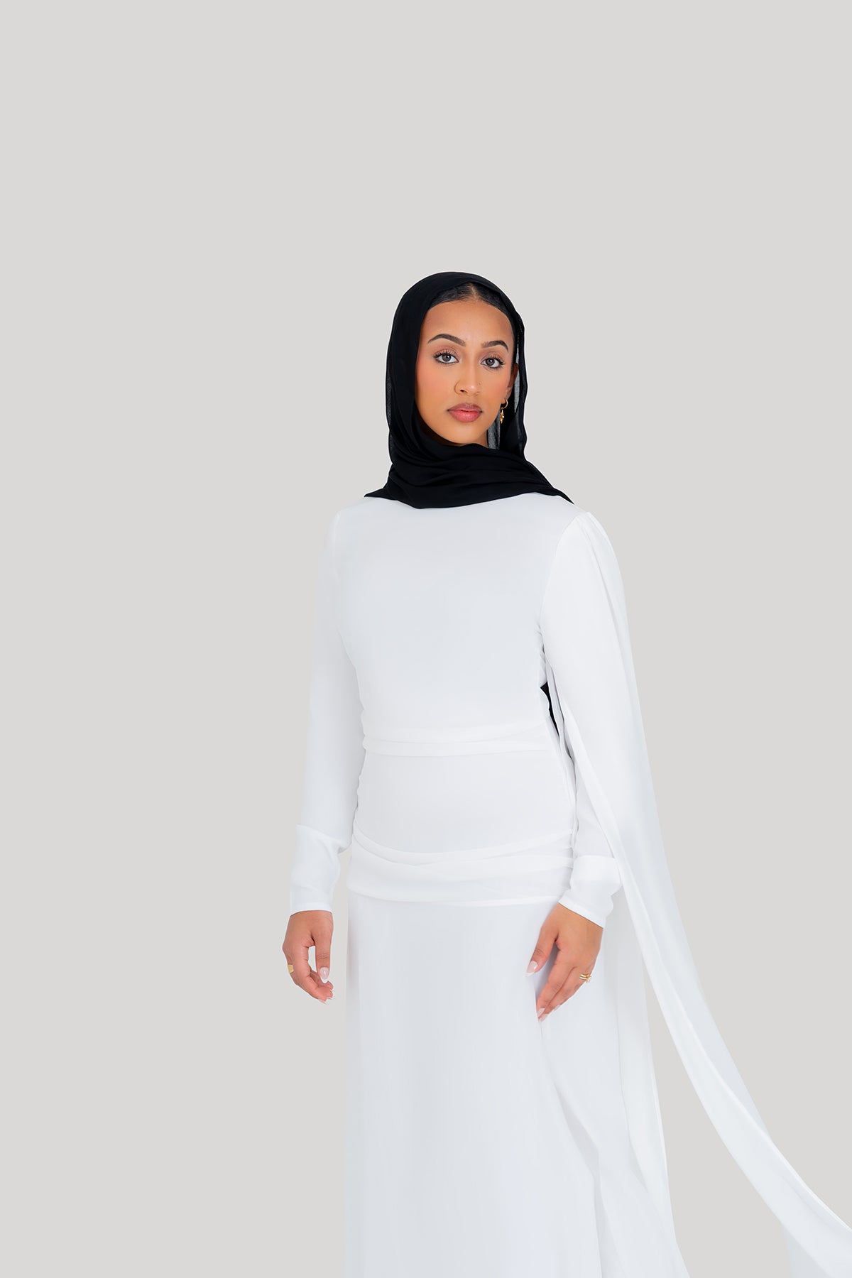 White Ruched Cape Dress