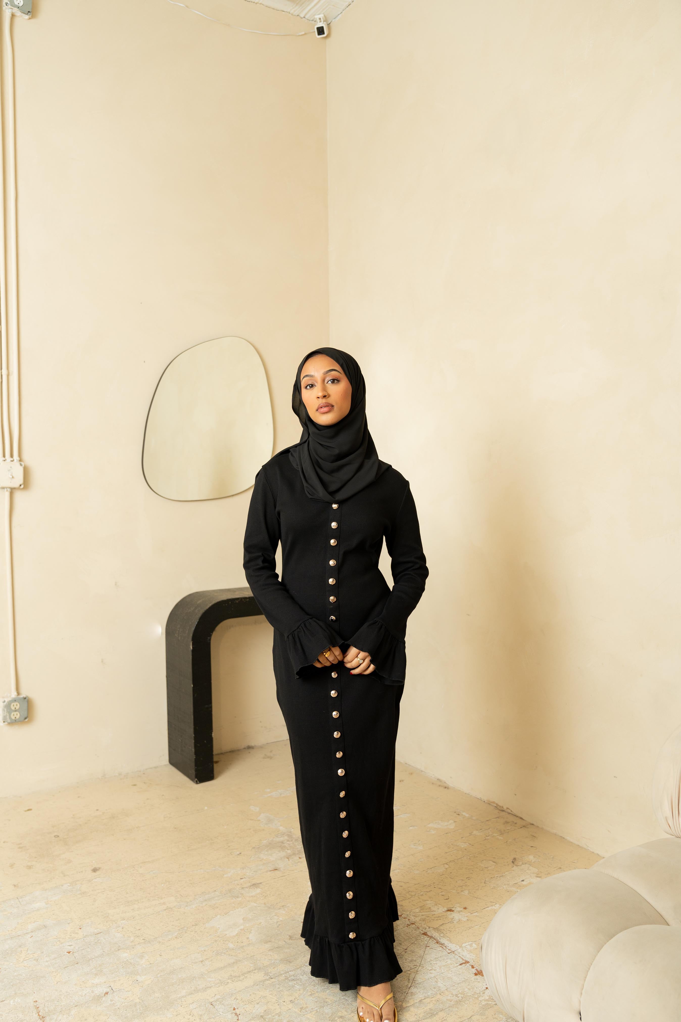 Black Ribbed Button Dress