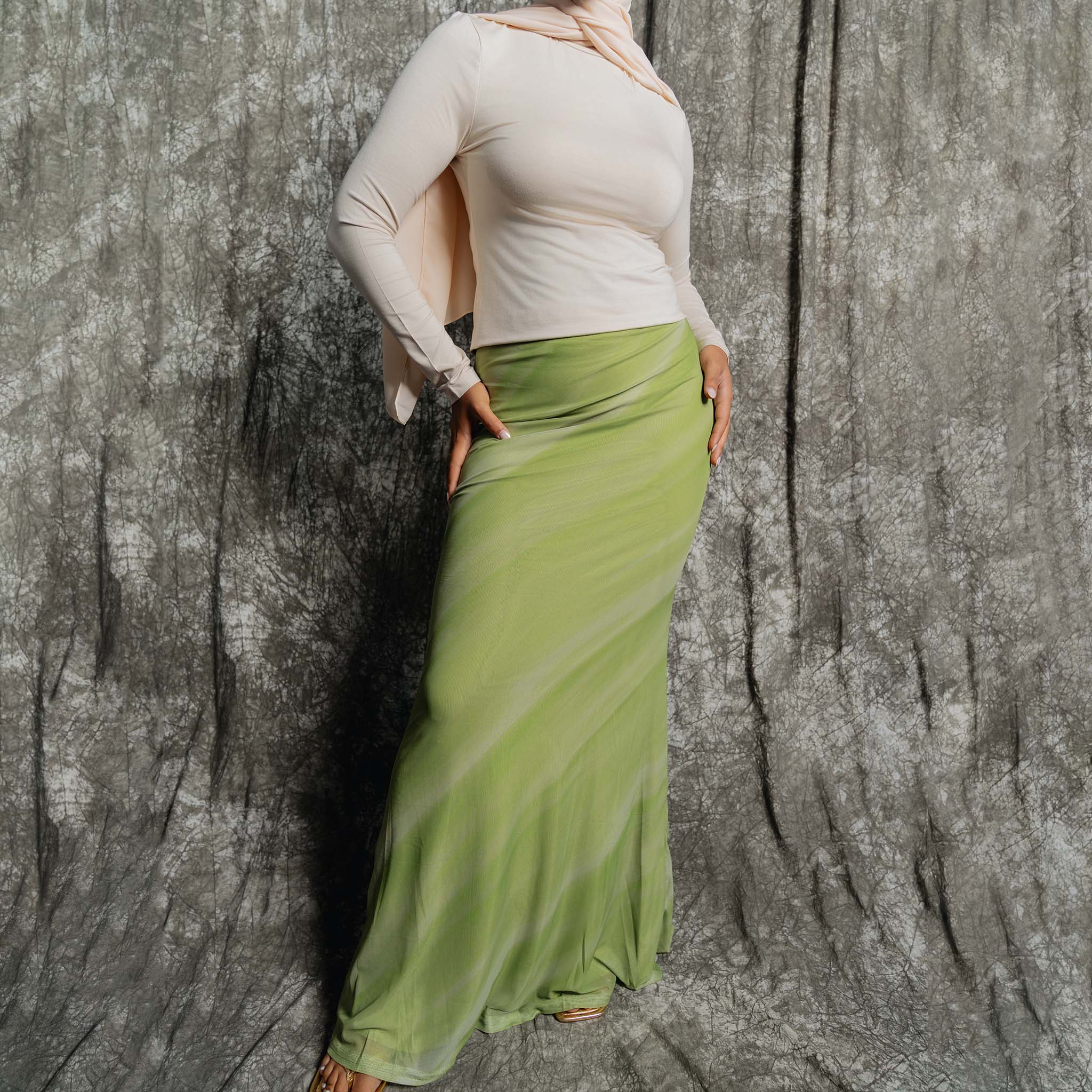 Green Sunset Print Maxi Skirt