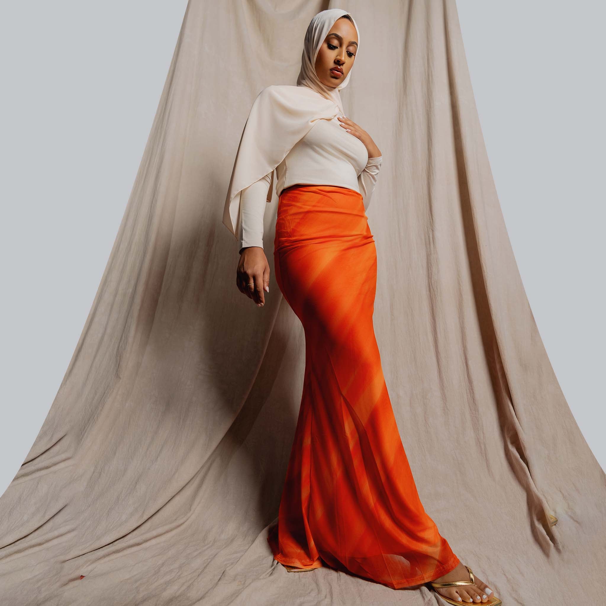 Orange Sunset Print Maxi Skirt