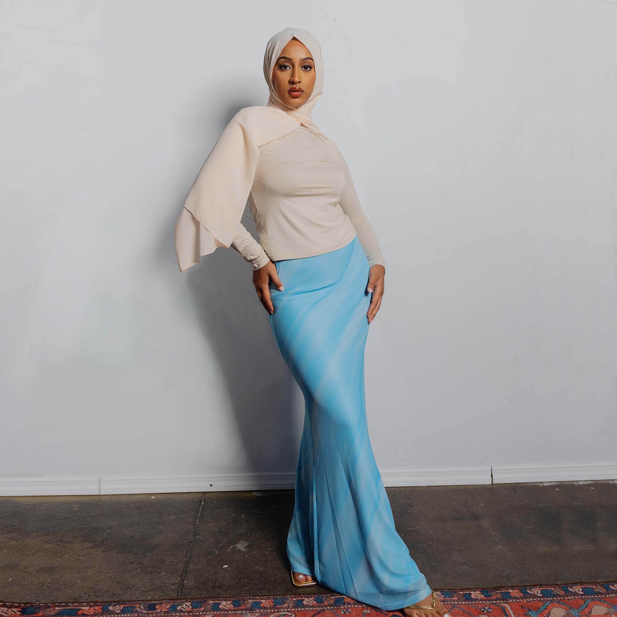 Sky Blue Sunset Print Maxi Skirt