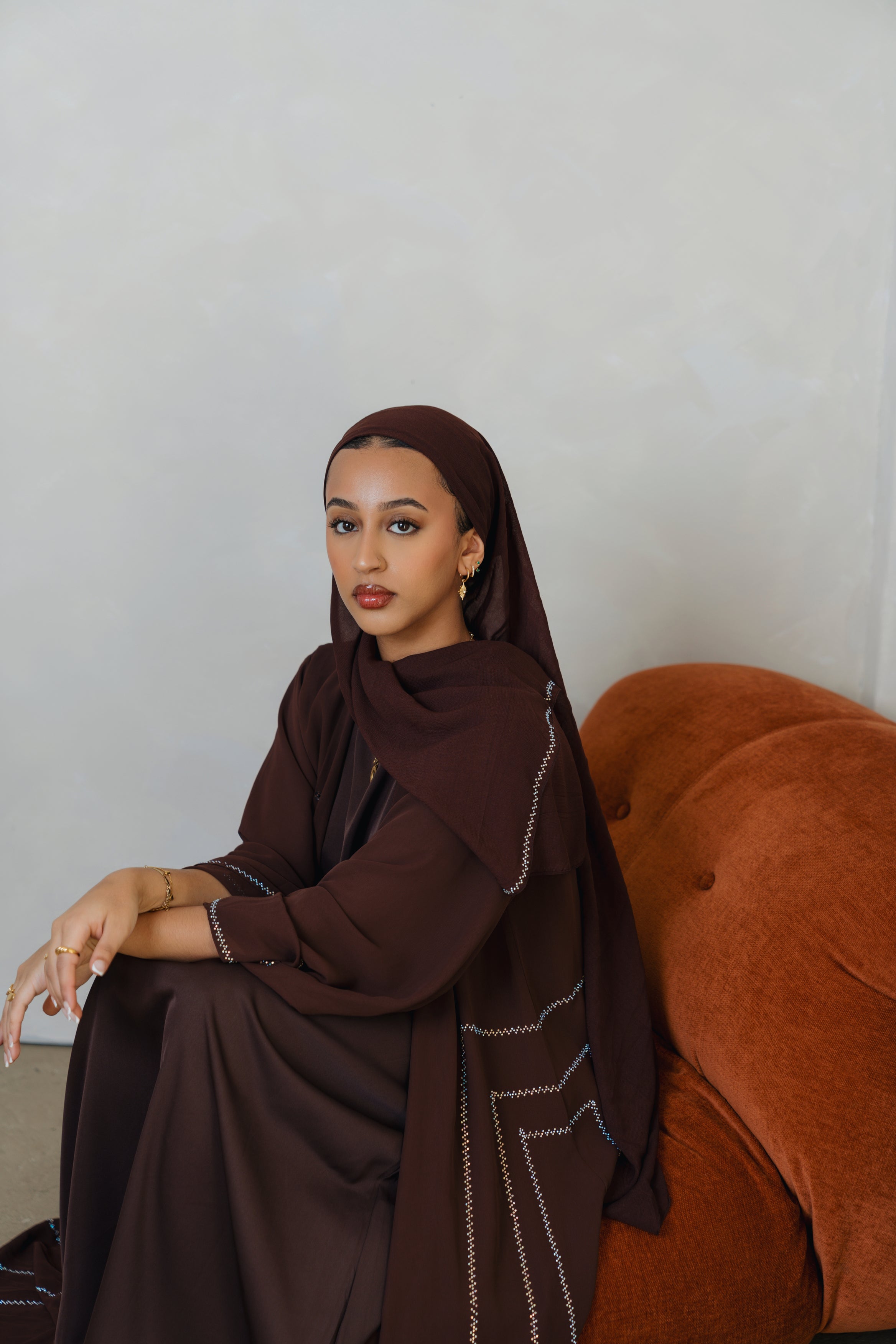 Brown Crystal Chiffon Abaya Set