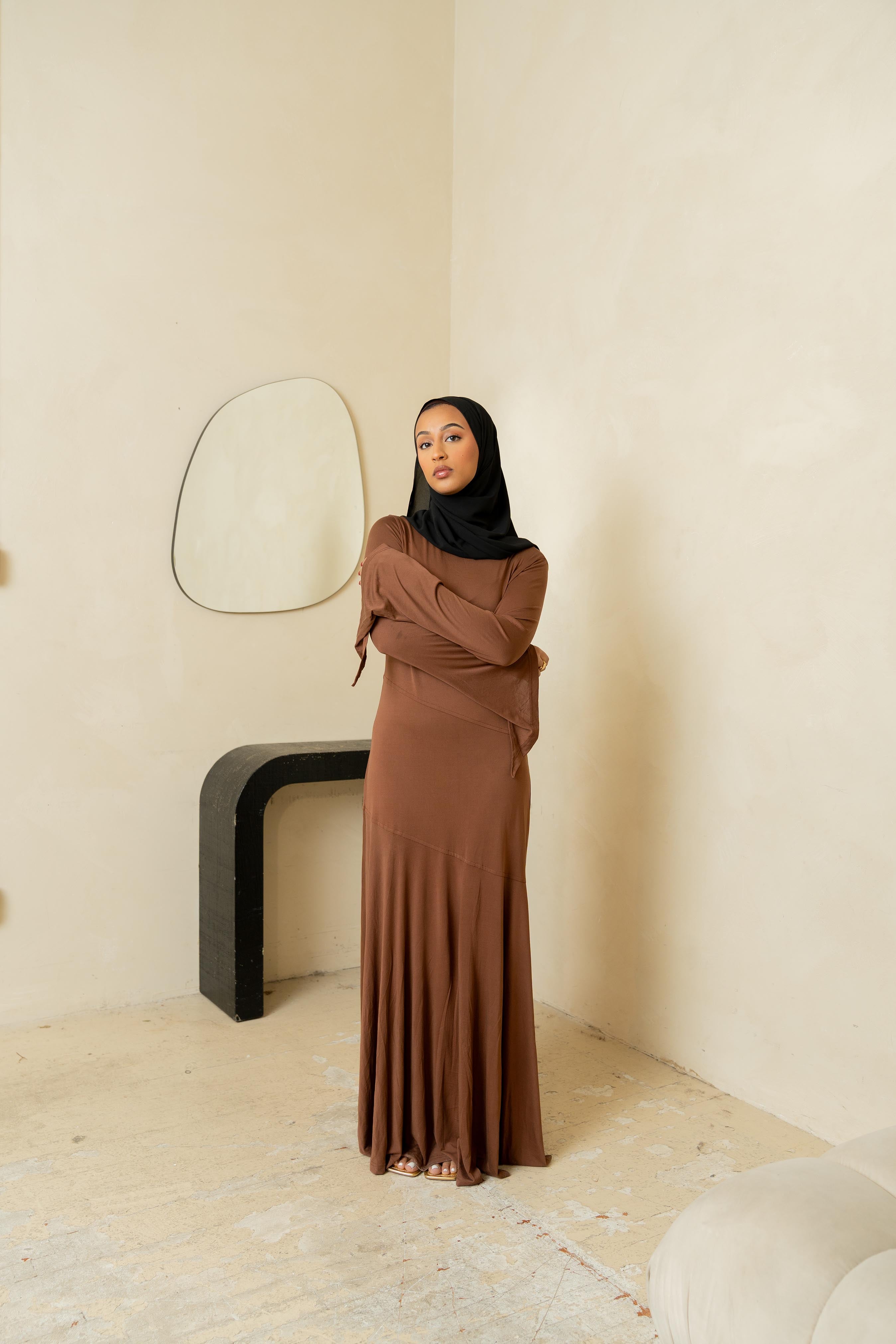 Brown Asymmetrical Pleated Dress