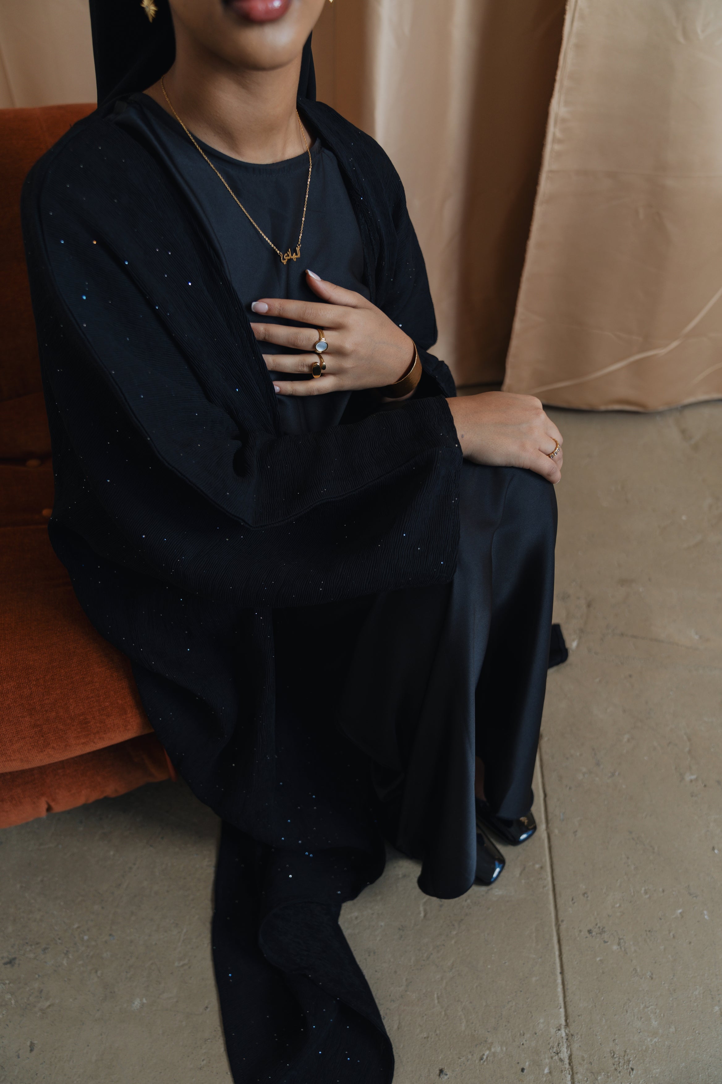 Shimmer Crinkle Open Abaya Set- Black