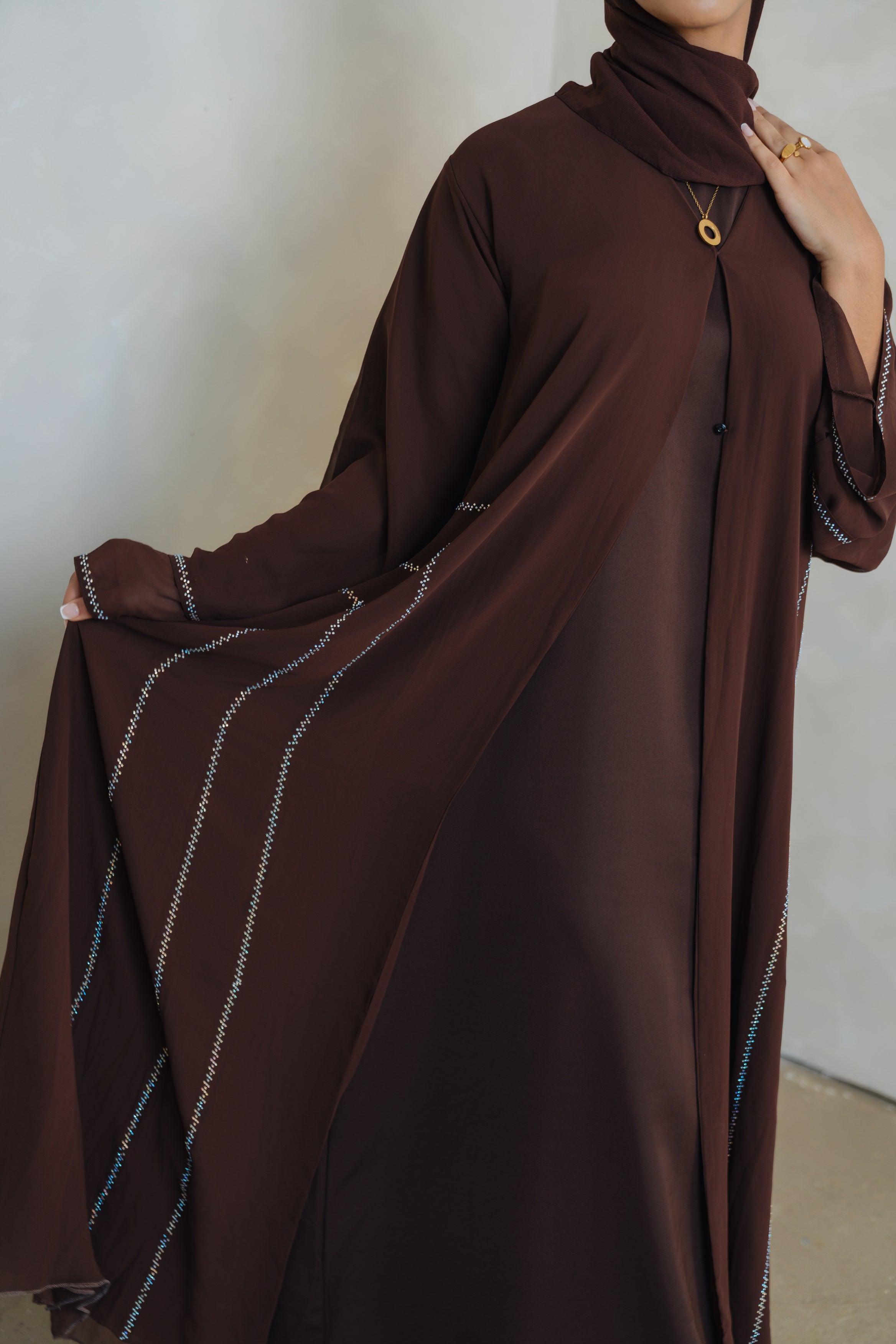 Brown Crystal Chiffon Abaya Set