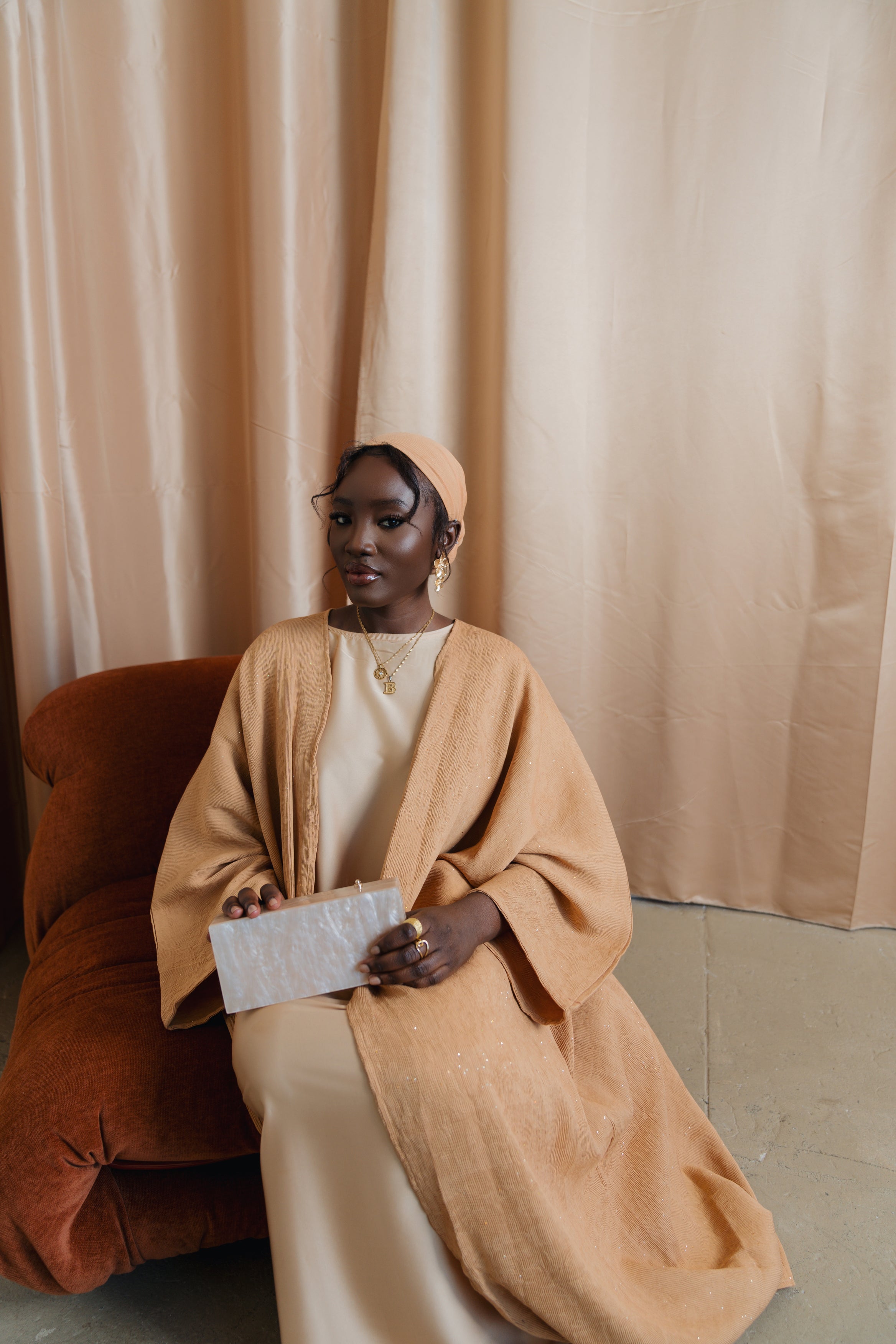 Shimmer Crinkle Open Abaya Set- Gold