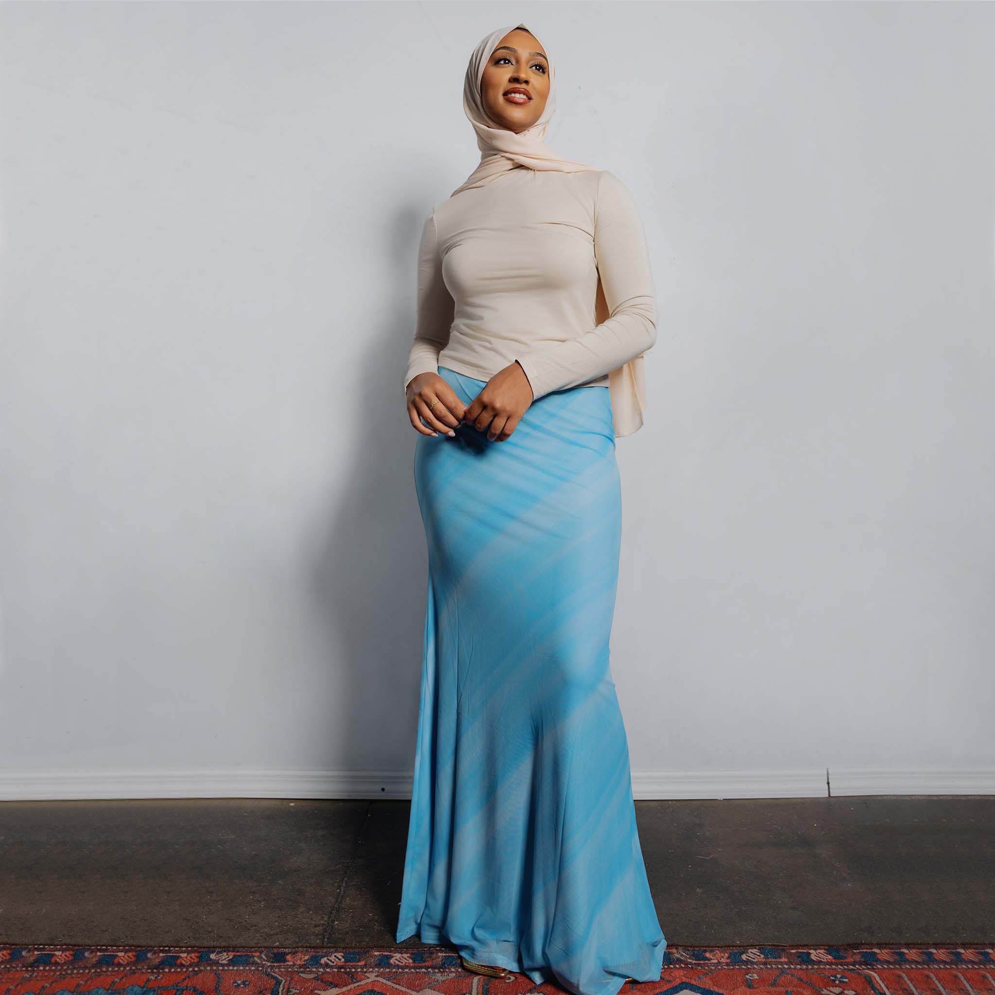 Sky Blue Sunset Print Maxi Skirt