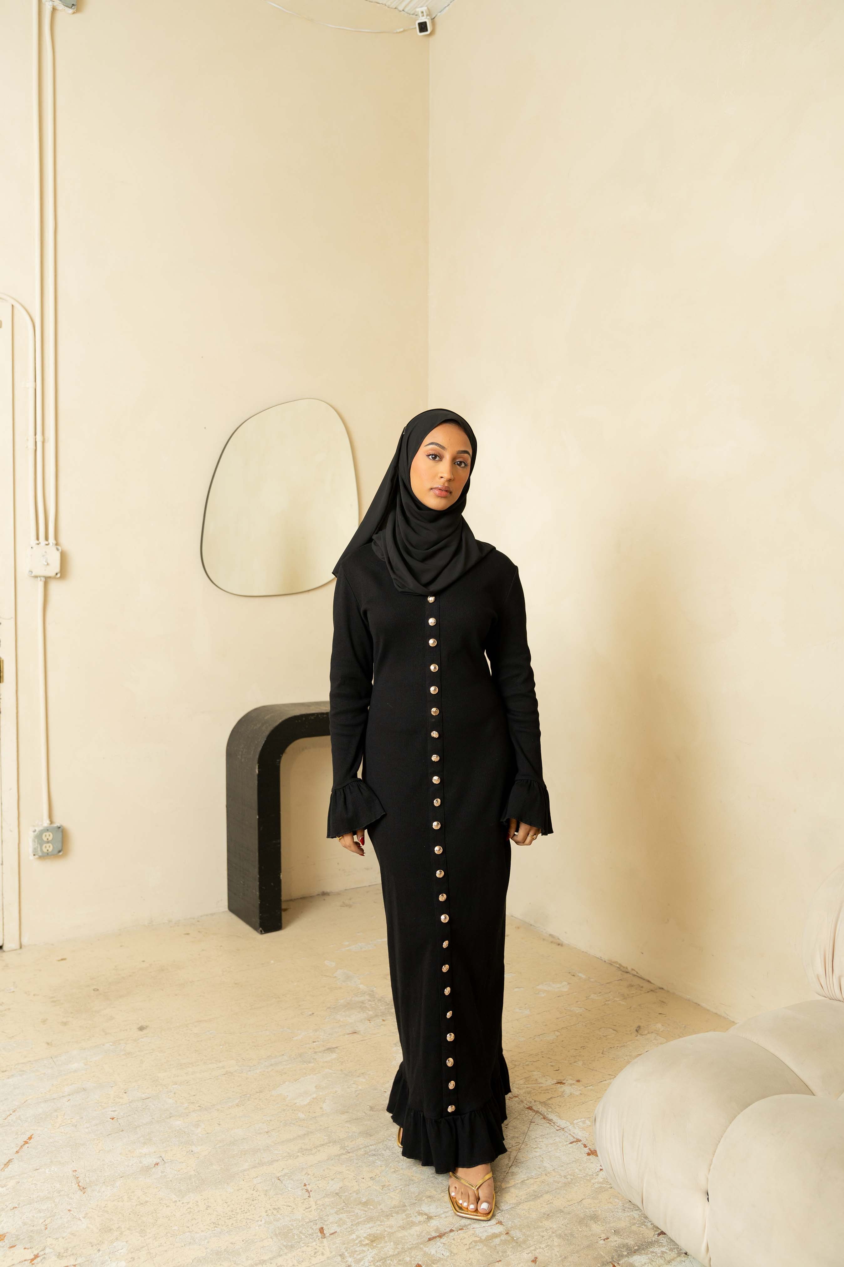 Black Ribbed Button Dress