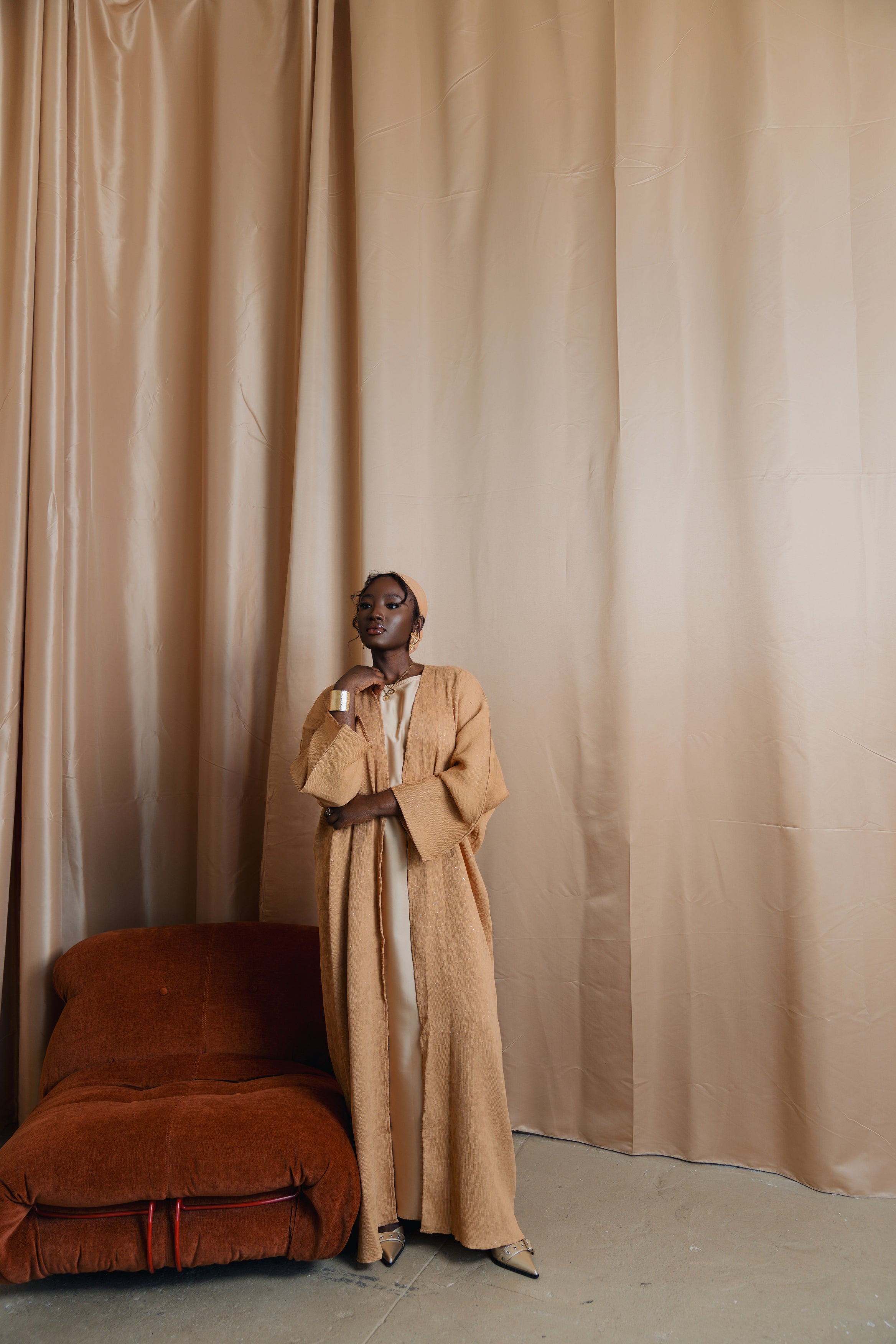 Shimmer Crinkle Open Abaya Set- Gold