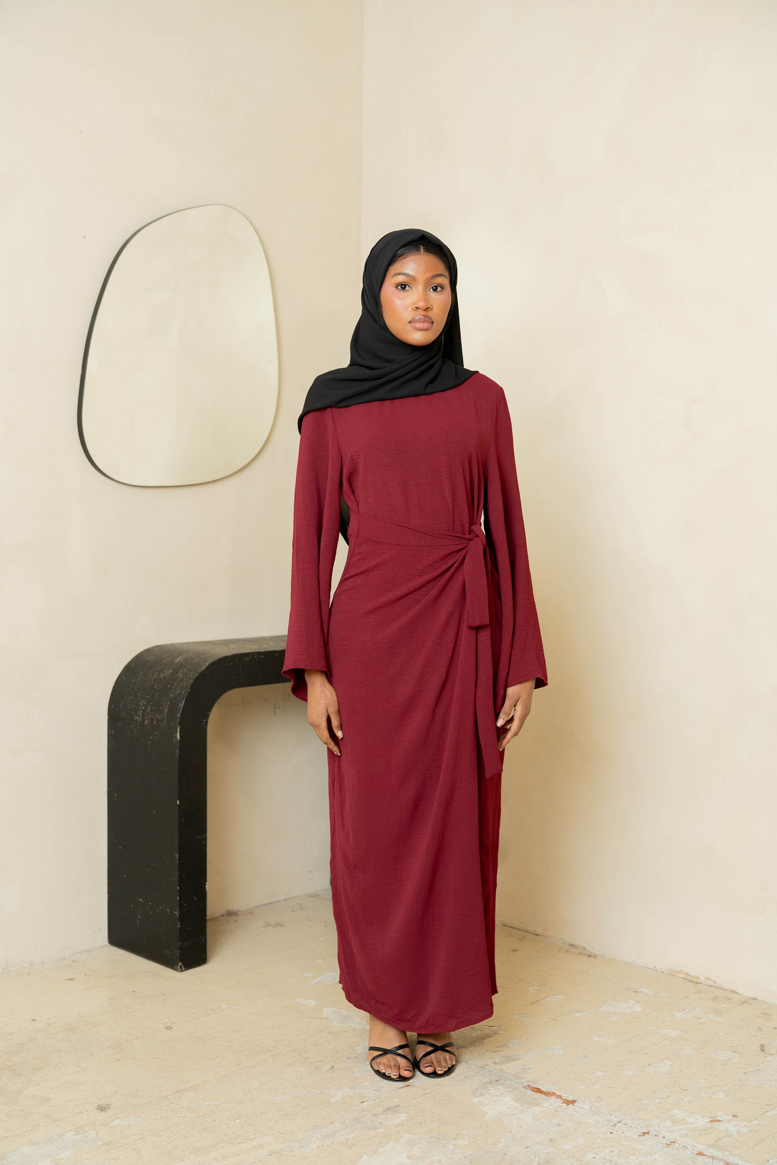 Wine Wrap Waist Linen Dress