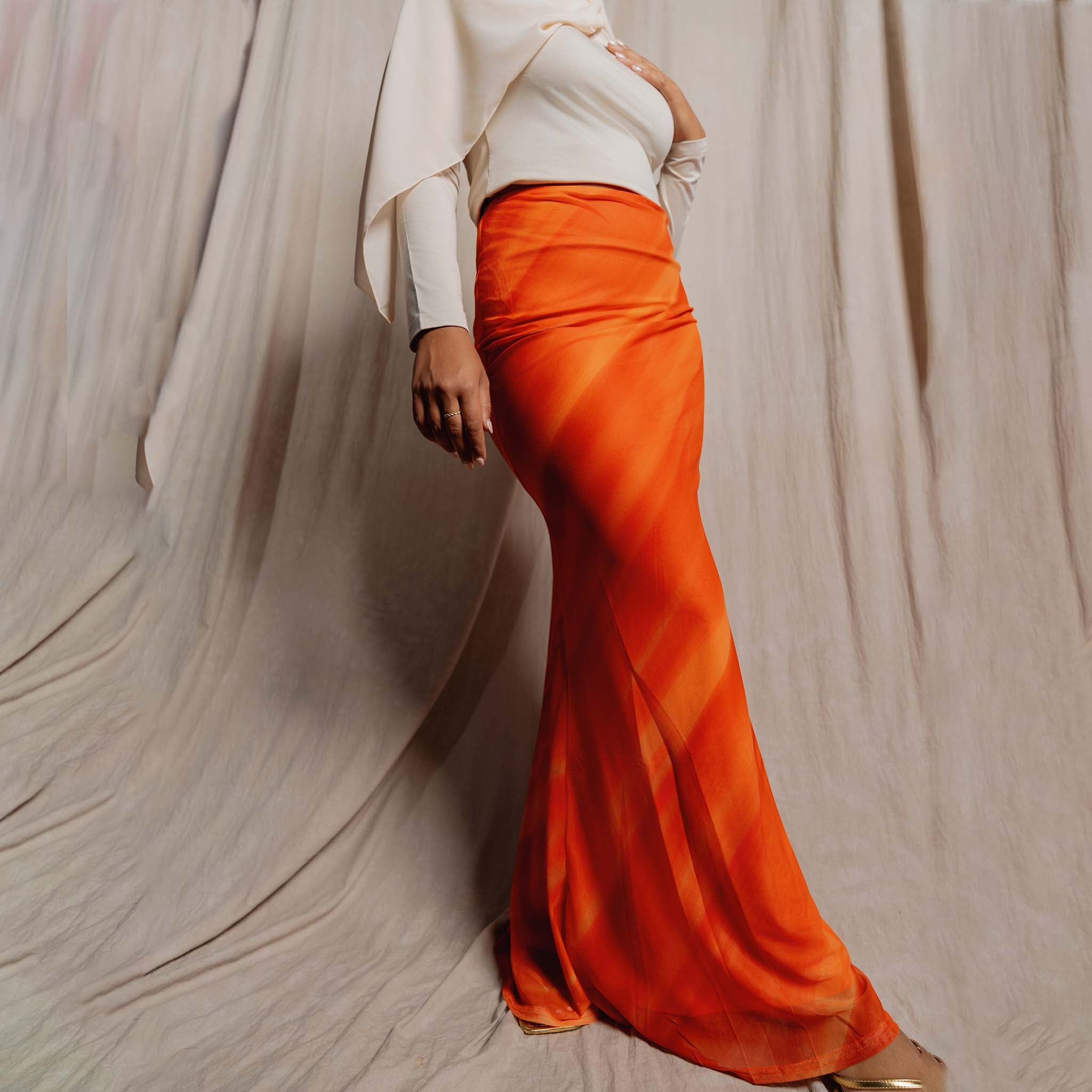 Orange Sunset Print Maxi Skirt