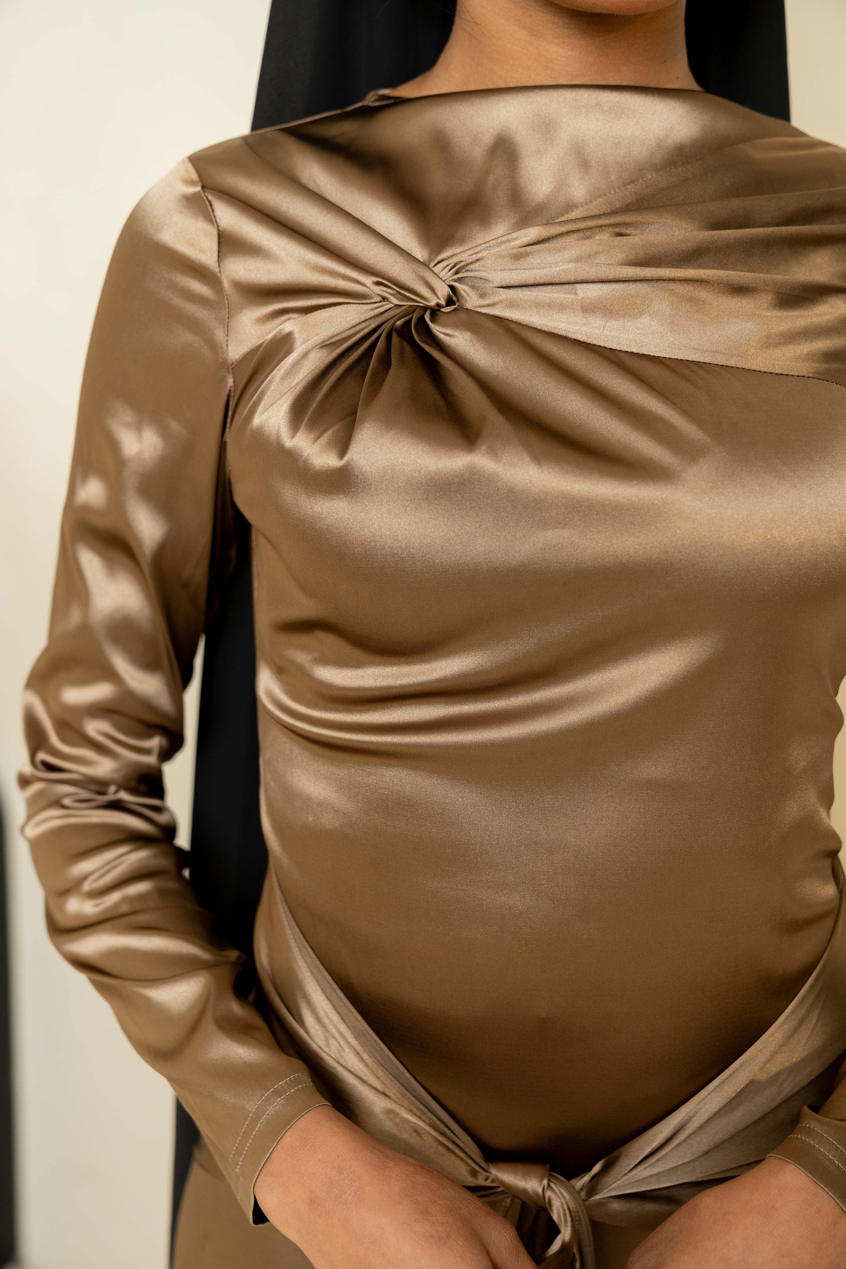 Gold Knot Front Tie Waist Satin Dress