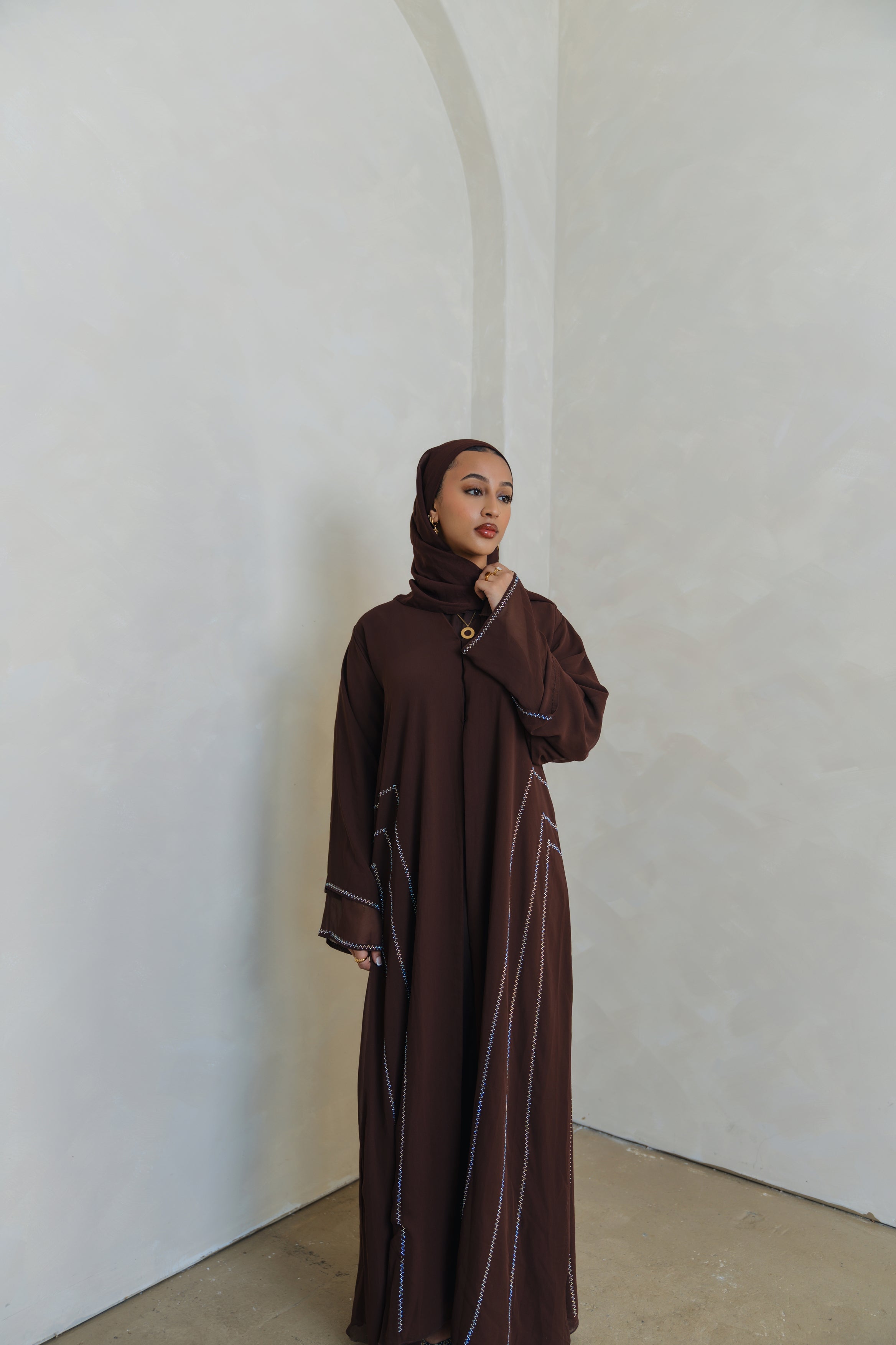 Brown Crystal Chiffon Abaya Set