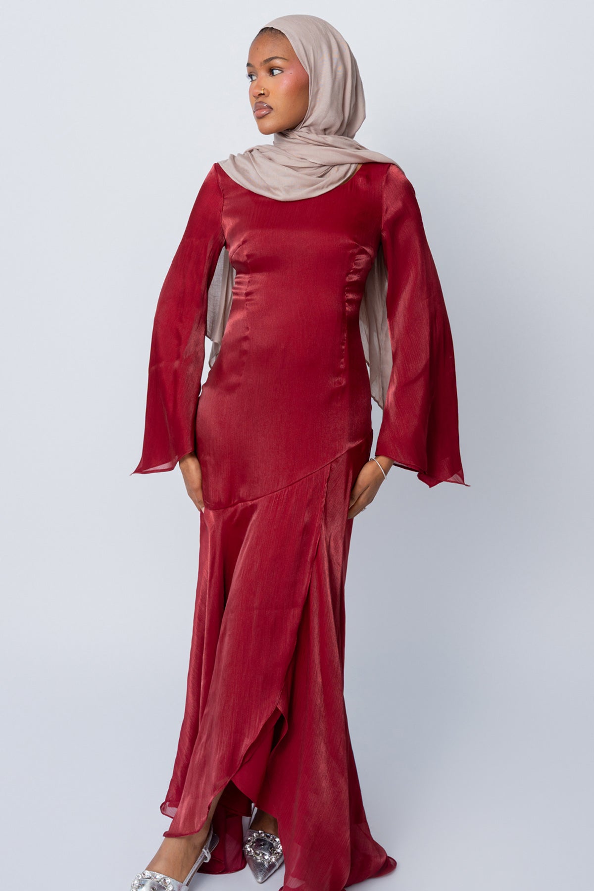 Wine Satin Tulip Dress (Pre-Order)