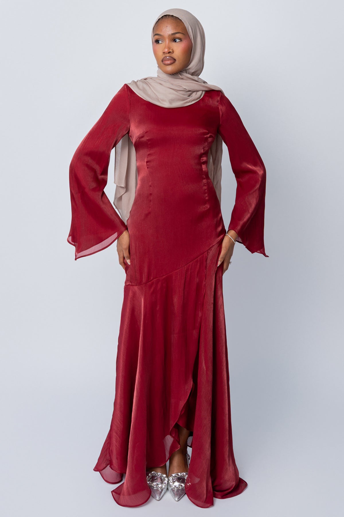 Wine Satin Tulip Dress (Pre-Order)