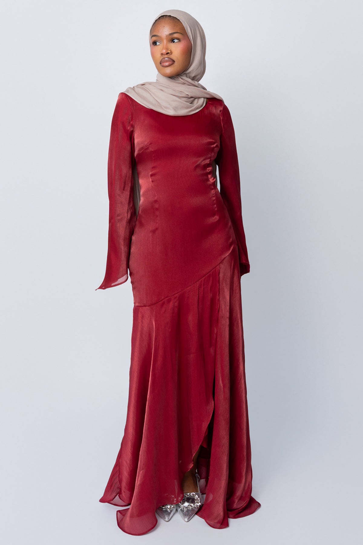 Wine Satin Tulip Dress (Pre-Order)