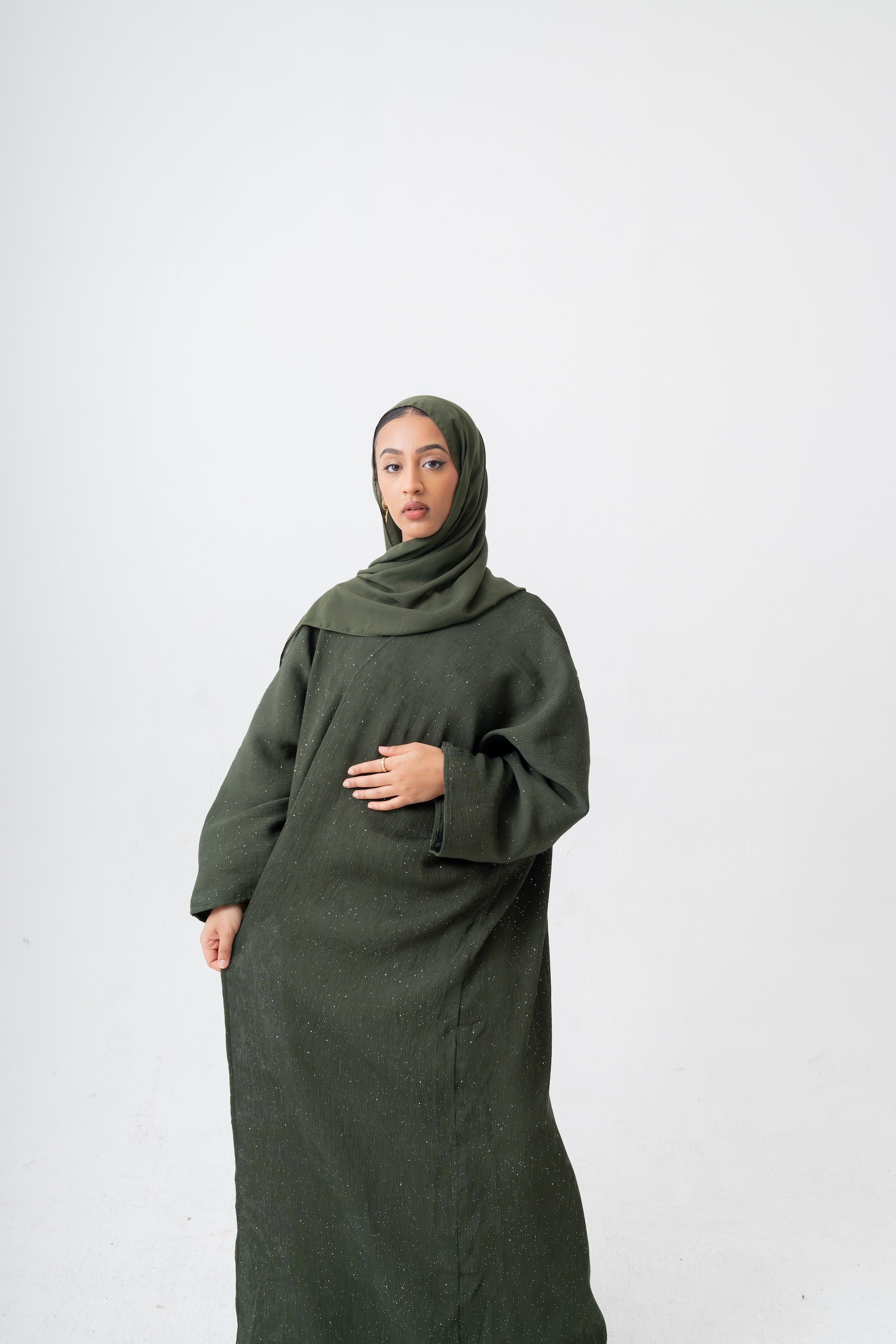 Shimmer Crinkle Open Abaya Set- Green