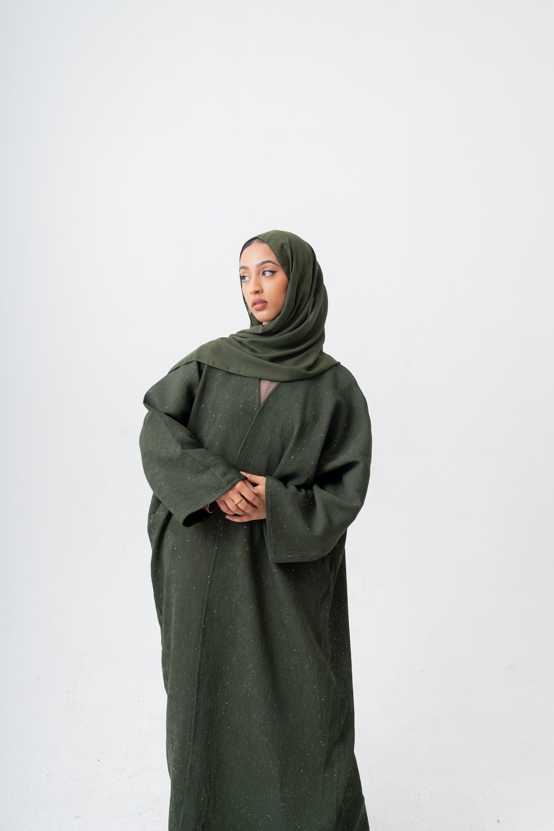 Shimmer Crinkle Open Abaya Set- Green