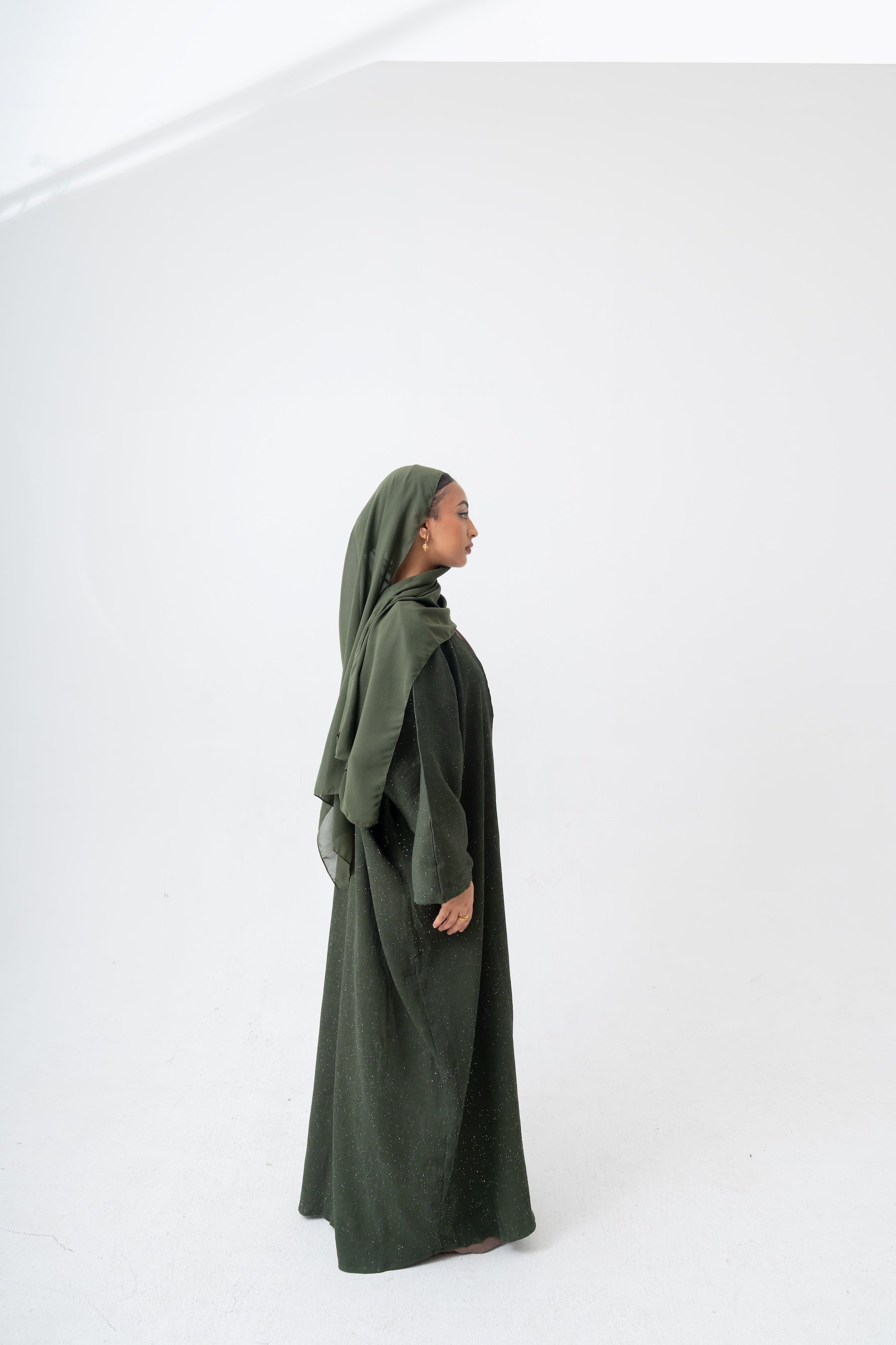 Shimmer Crinkle Open Abaya Set- Green