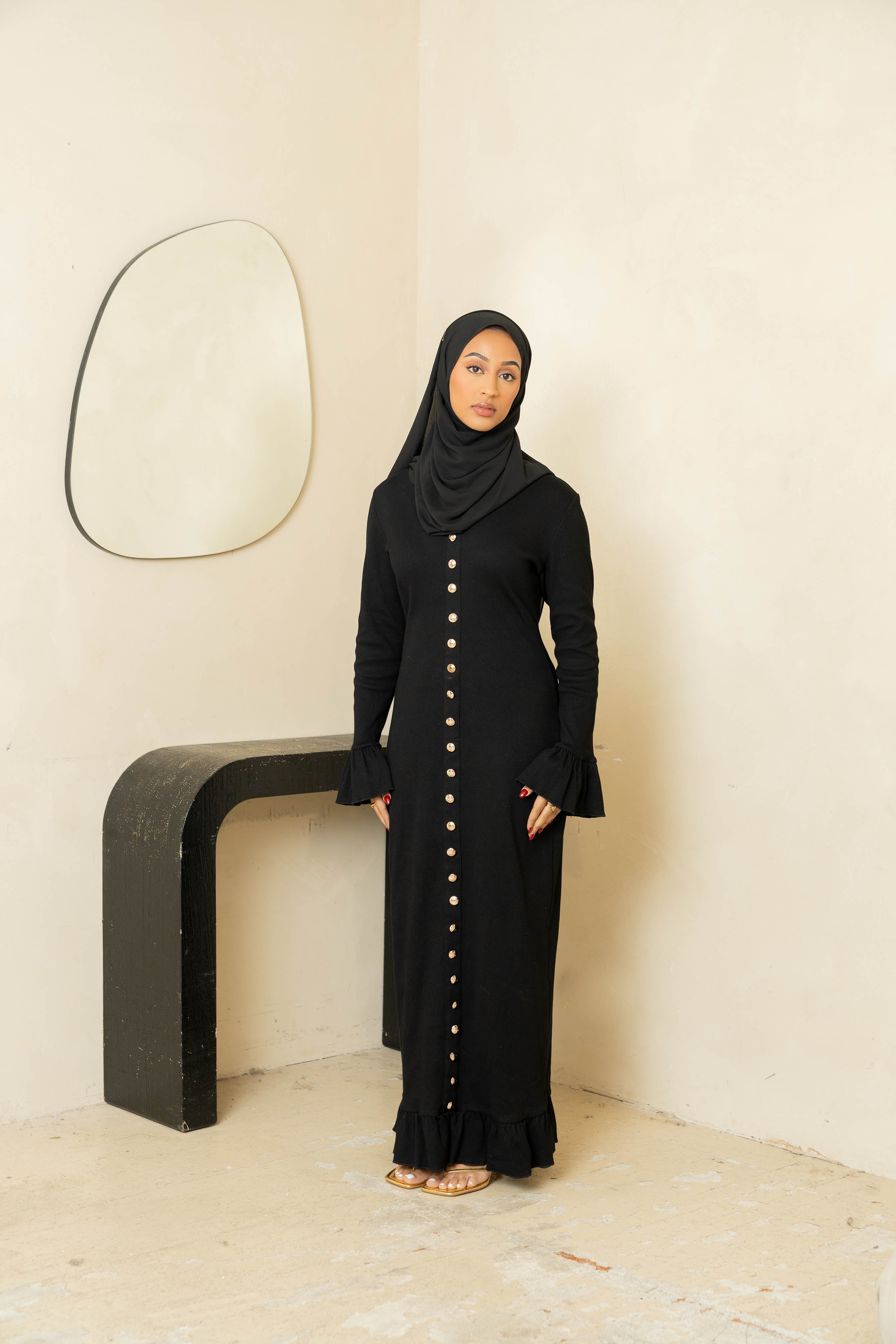 Black Ribbed Button Dress