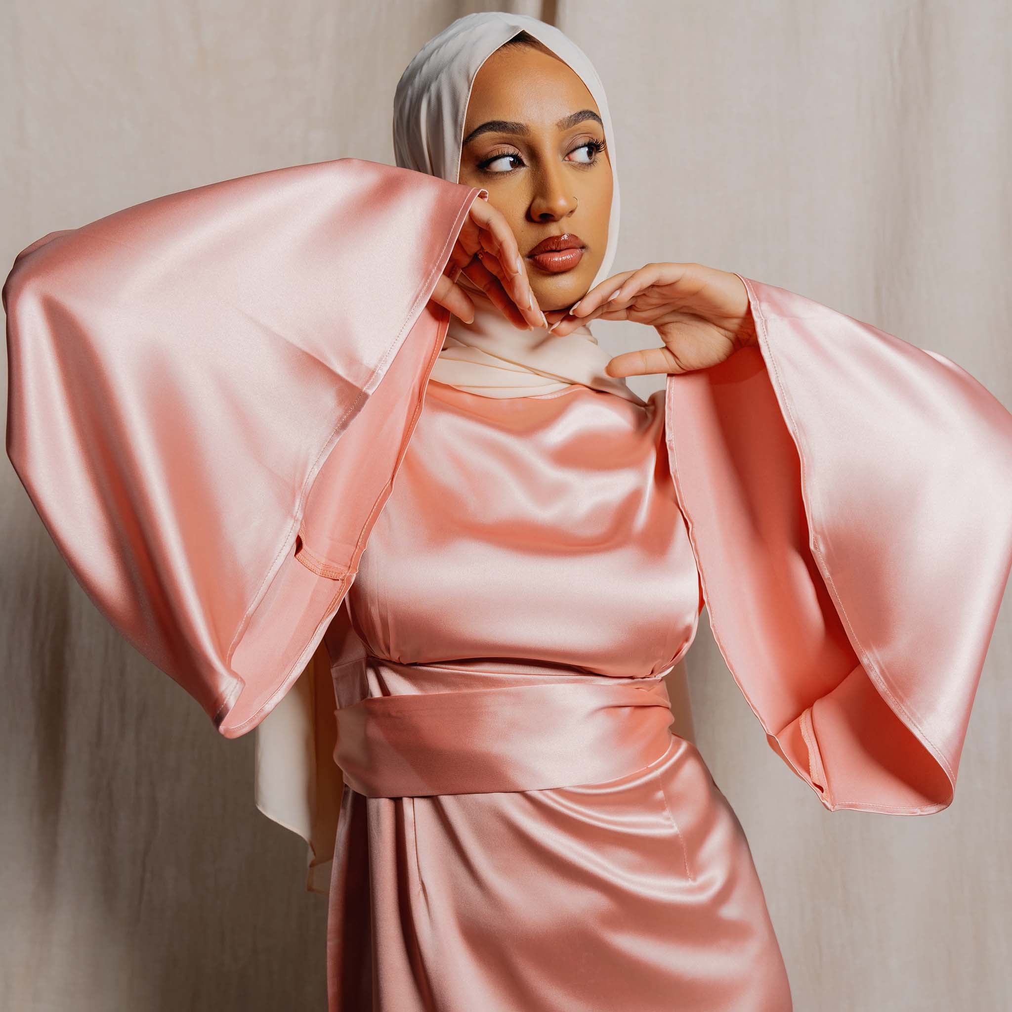 Rose Bell Sleeve Satin Dress