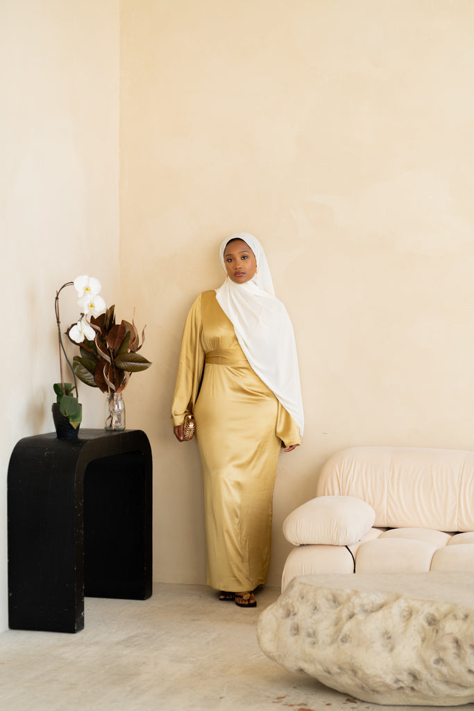 Lime Bell Sleeve Satin Dress