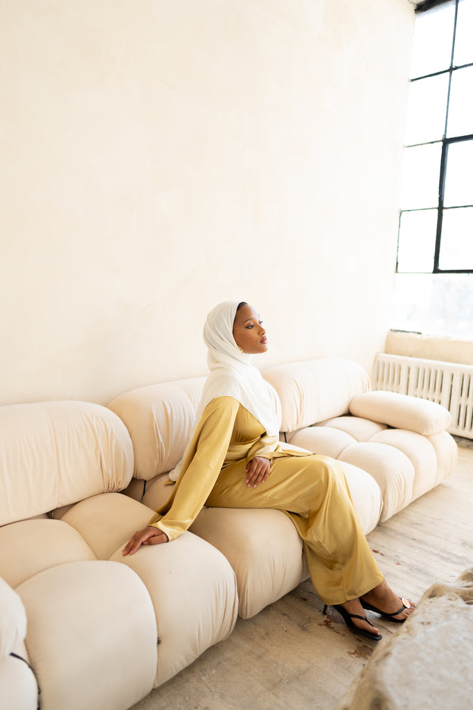 Lime Bell Sleeve Satin Dress