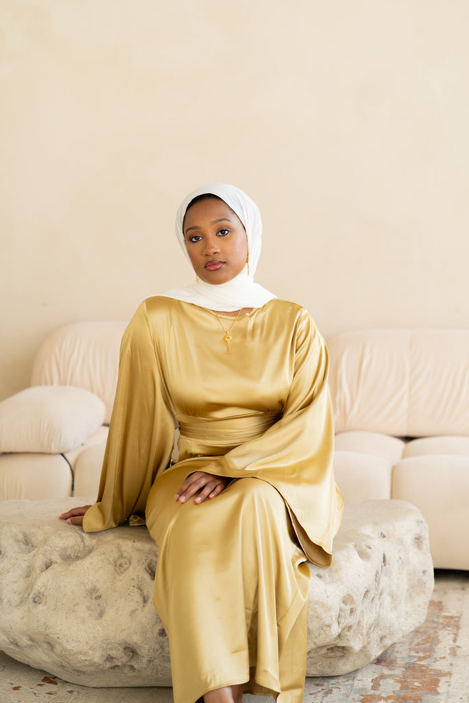 Lime Bell Sleeve Satin Dress