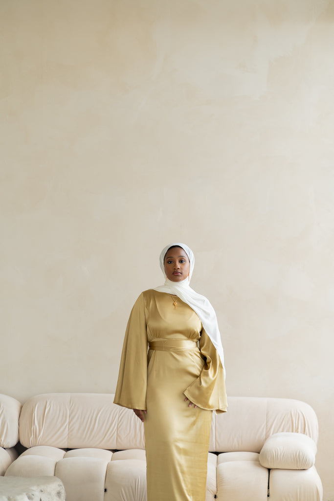 Lime Bell Sleeve Satin Dress