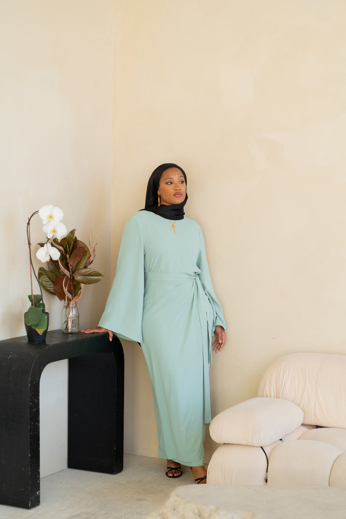 Mint Blue Wrap Waist Linen Dress