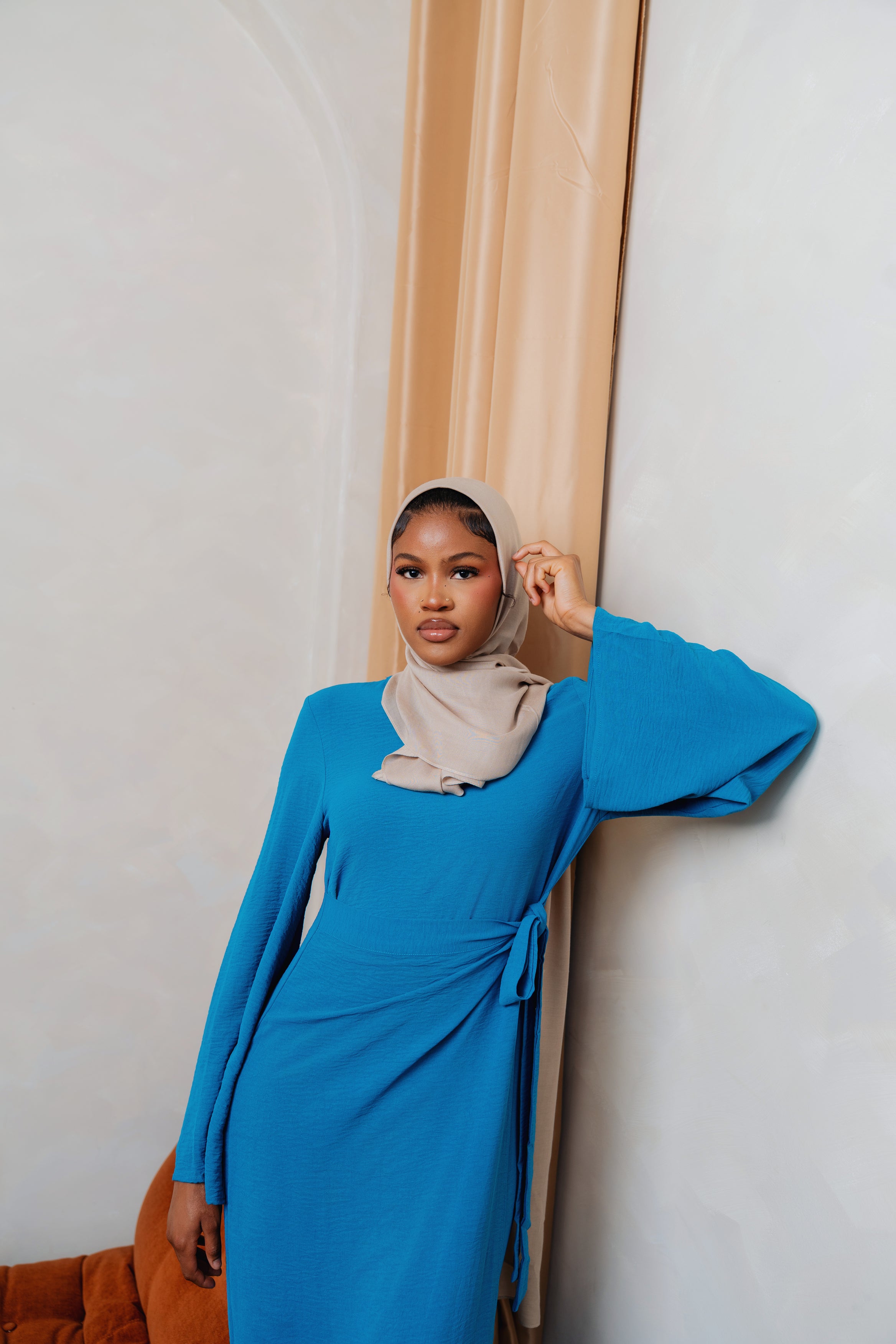 Teal Wrap Waist Linen Dress