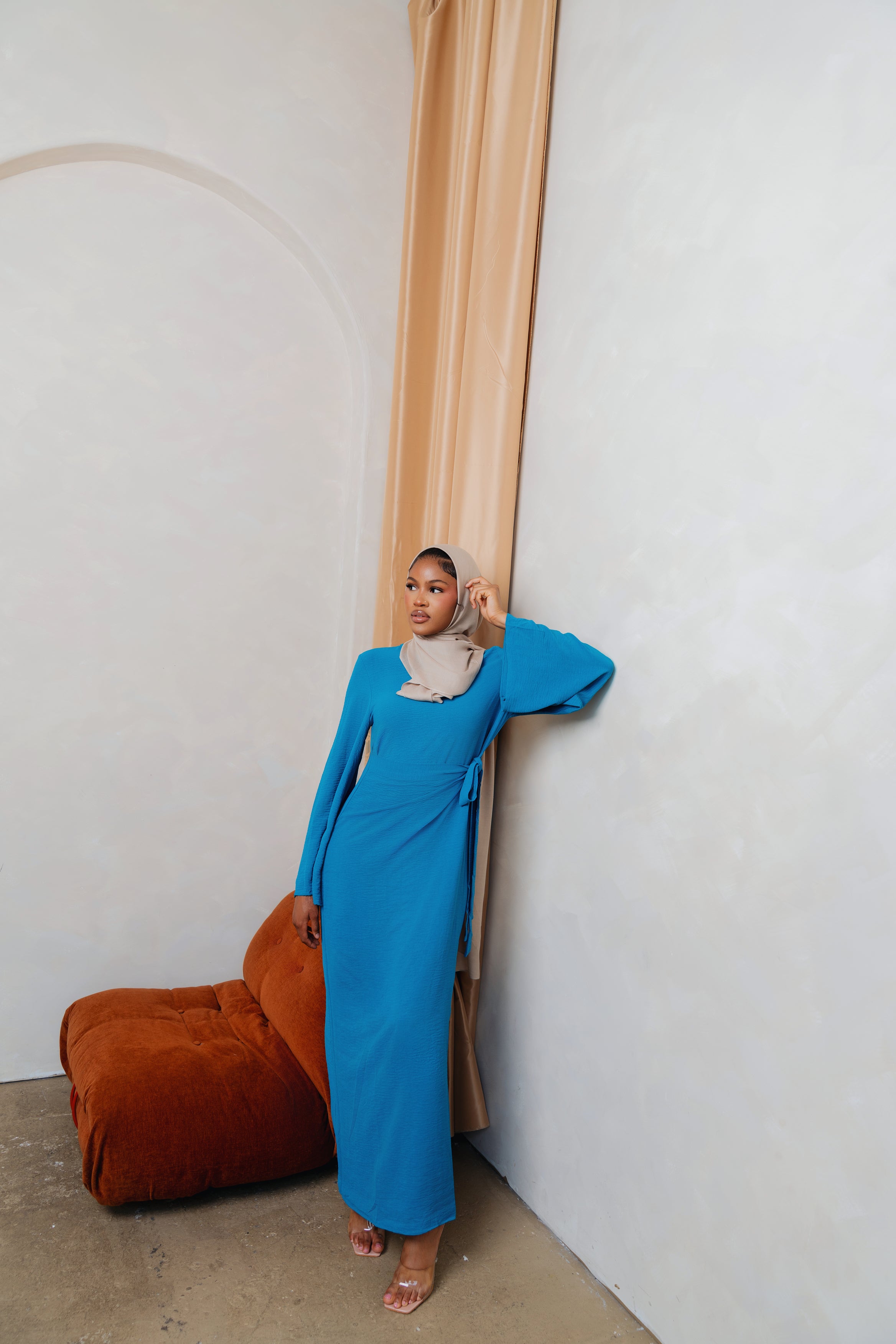 Teal Wrap Waist Linen Dress