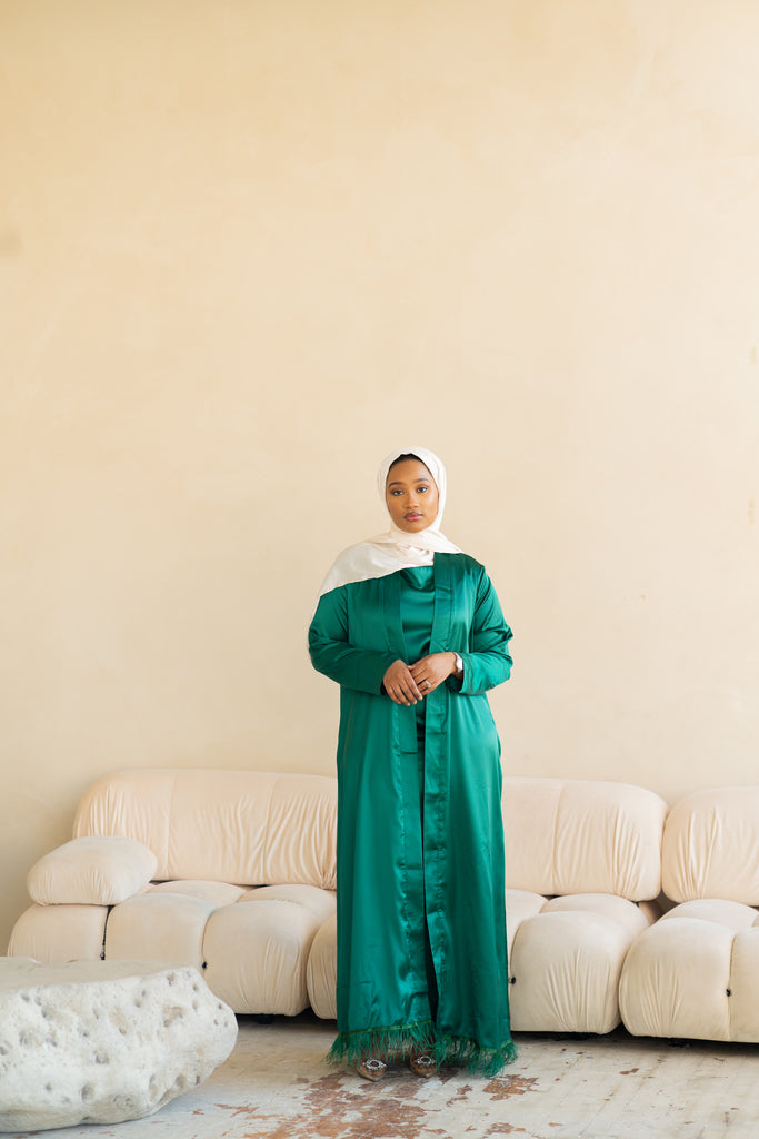 Green Feather Open Abaya Set