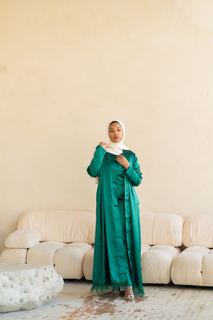 Green Feather Open Abaya Set