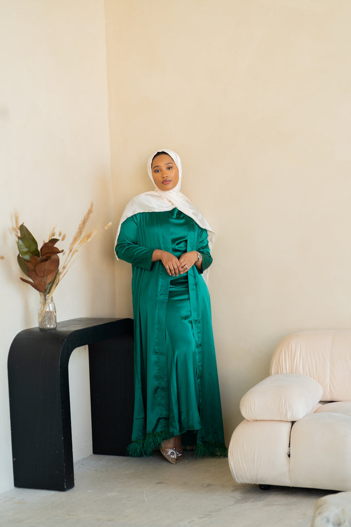 Green Feather Open Abaya Set