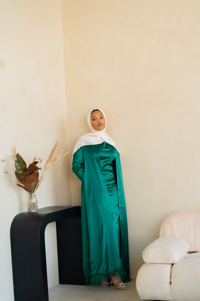 Green Feather Open Abaya Set