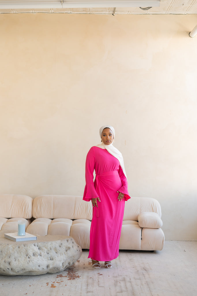 Magenta Wrap Waist Linen Dress