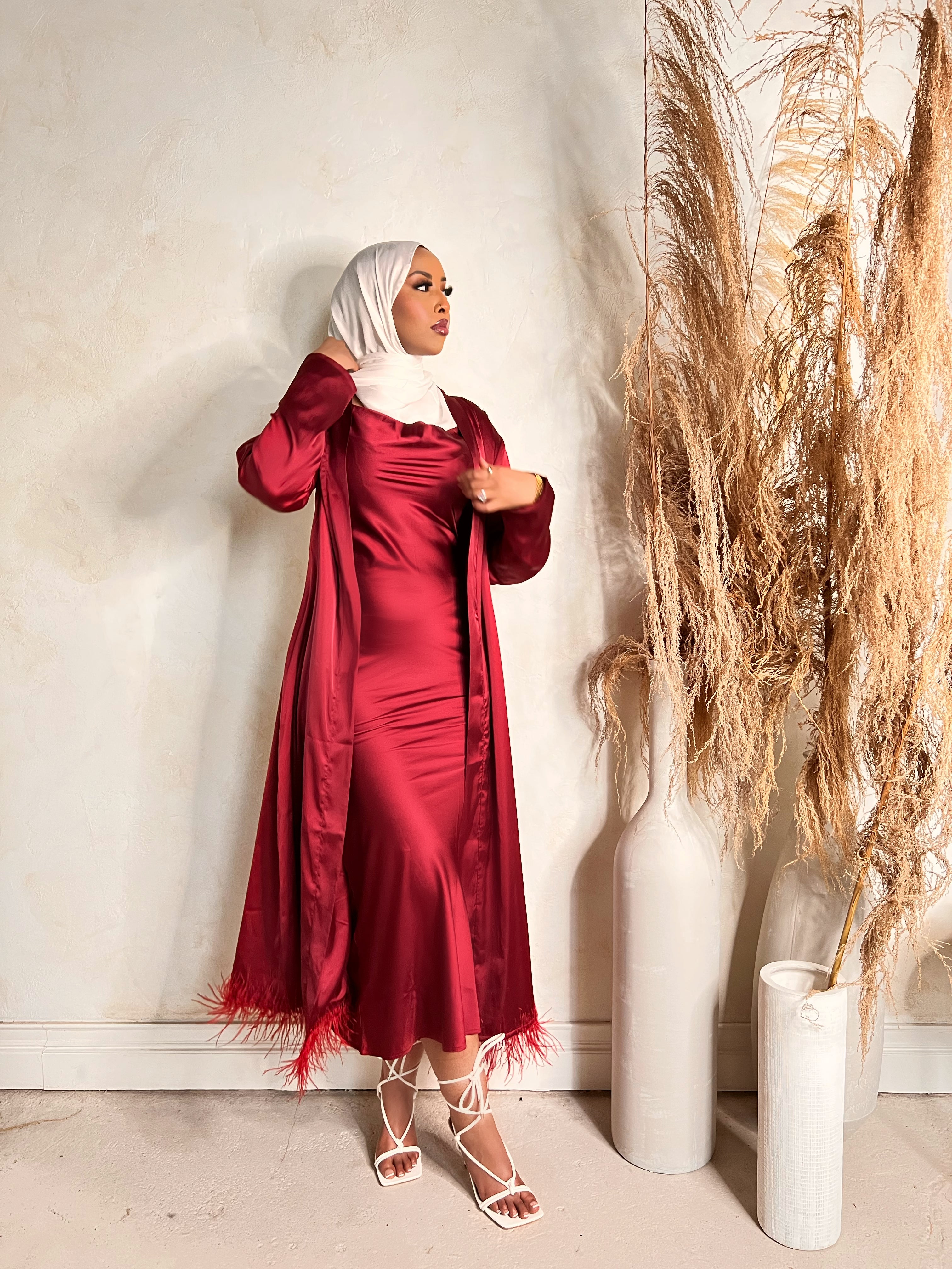 Wine Feather Open Abaya Set