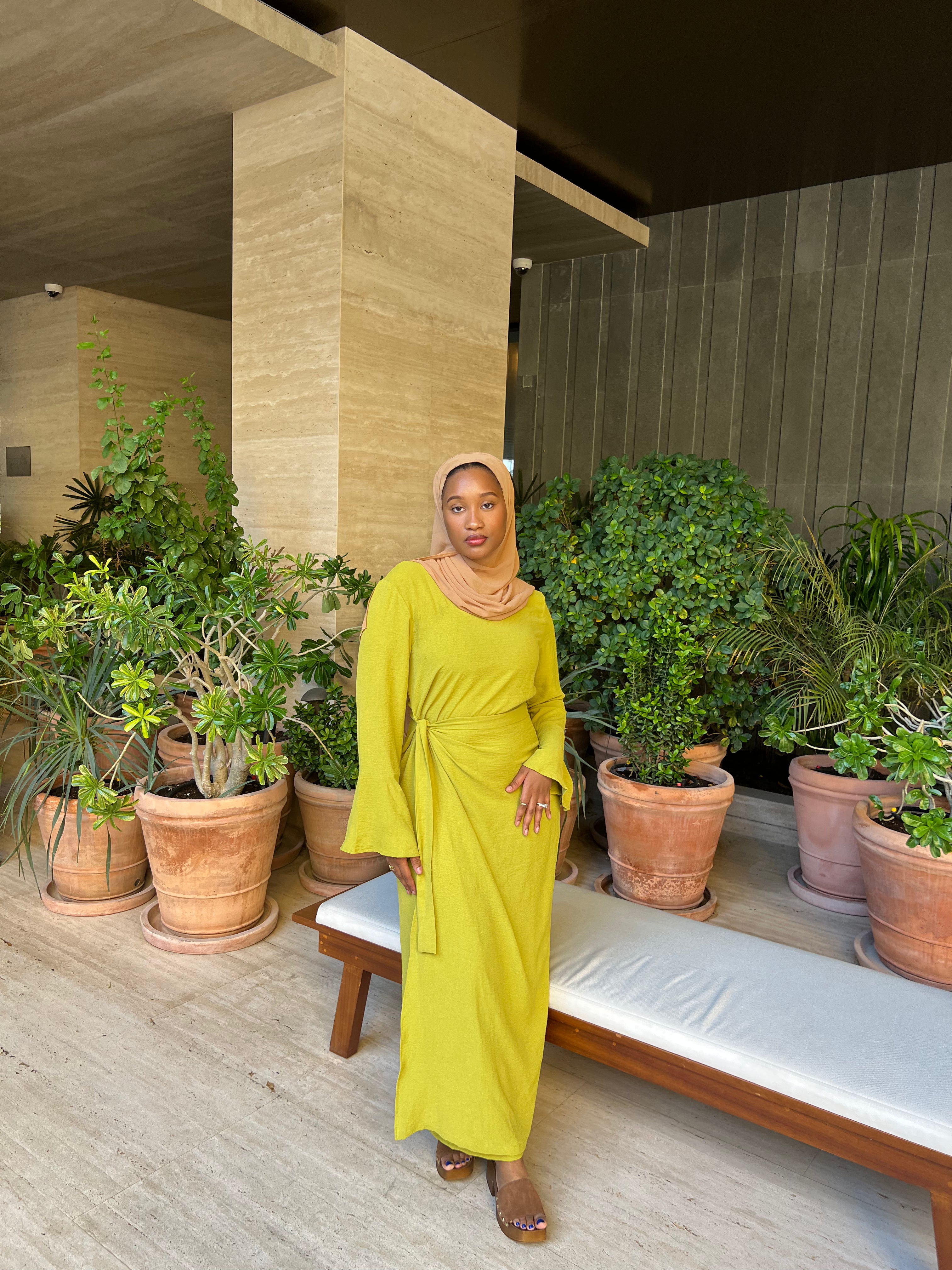 Lime Wrap Waist Linen Dress