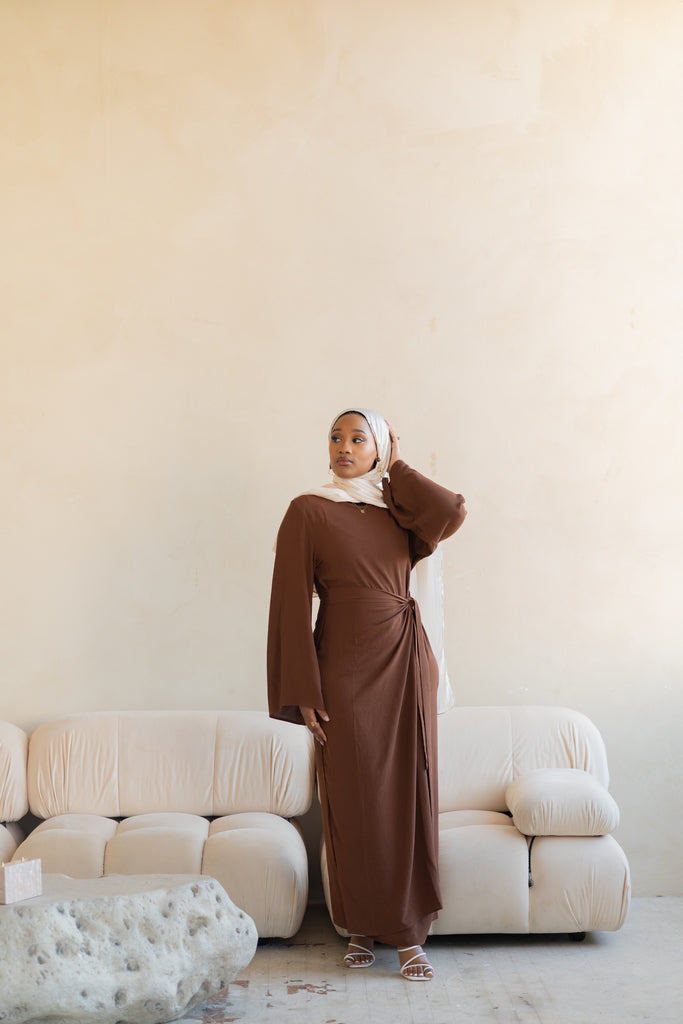 Brown Wrap Waist Linen Dress