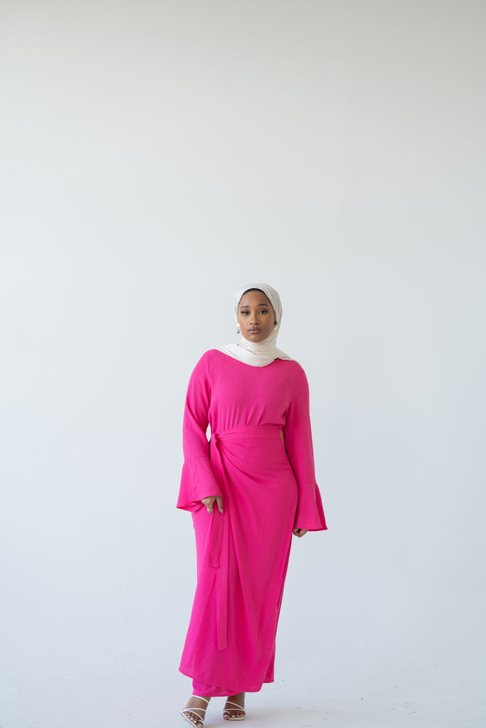 Magenta Wrap Waist Linen Dress