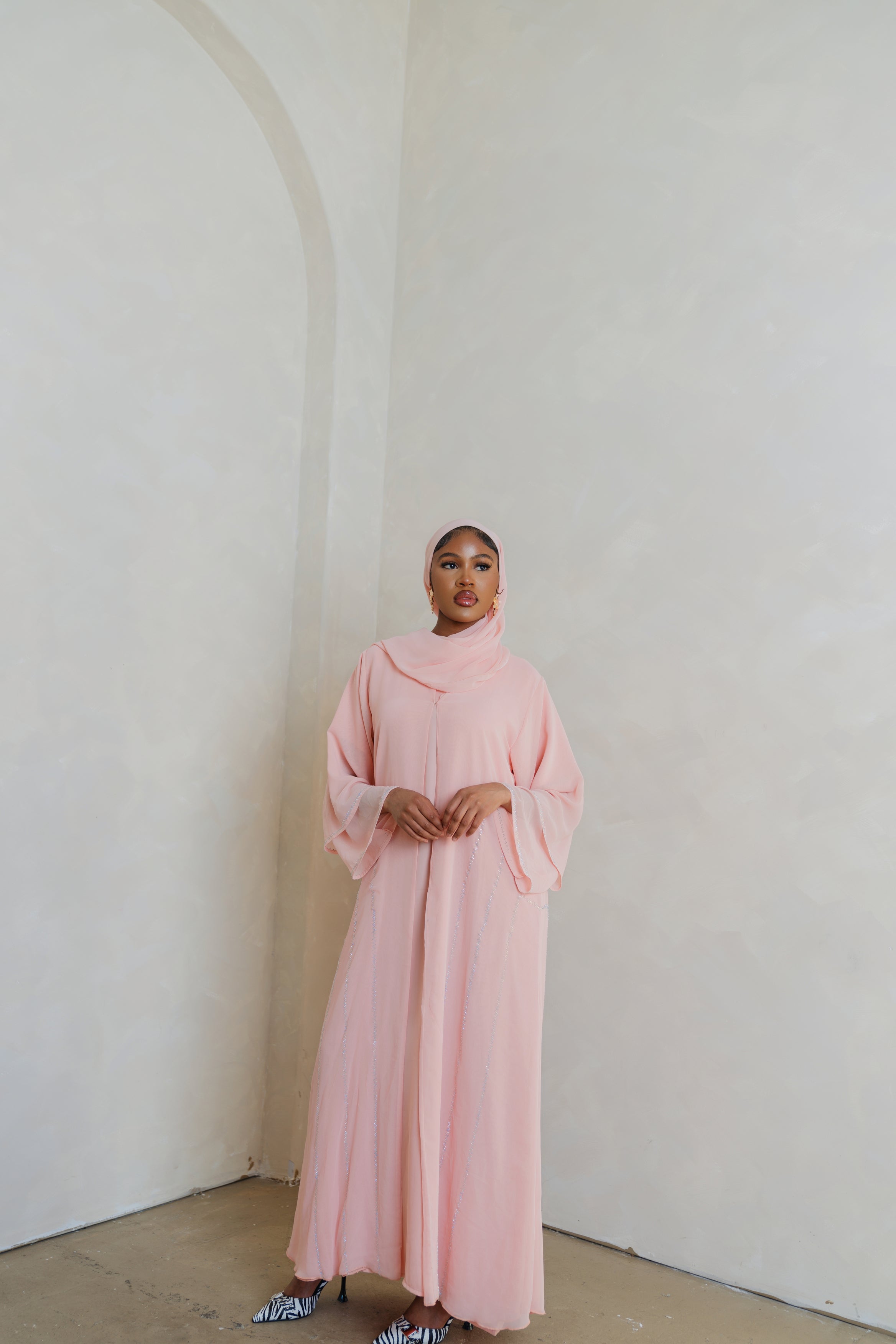 Pink Crystal Chiffon Abaya Set