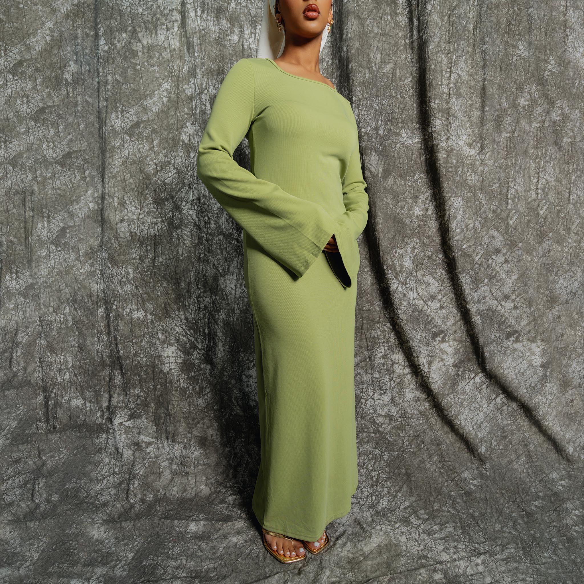 Wide Sleeve Maxi Knit Dress - Green