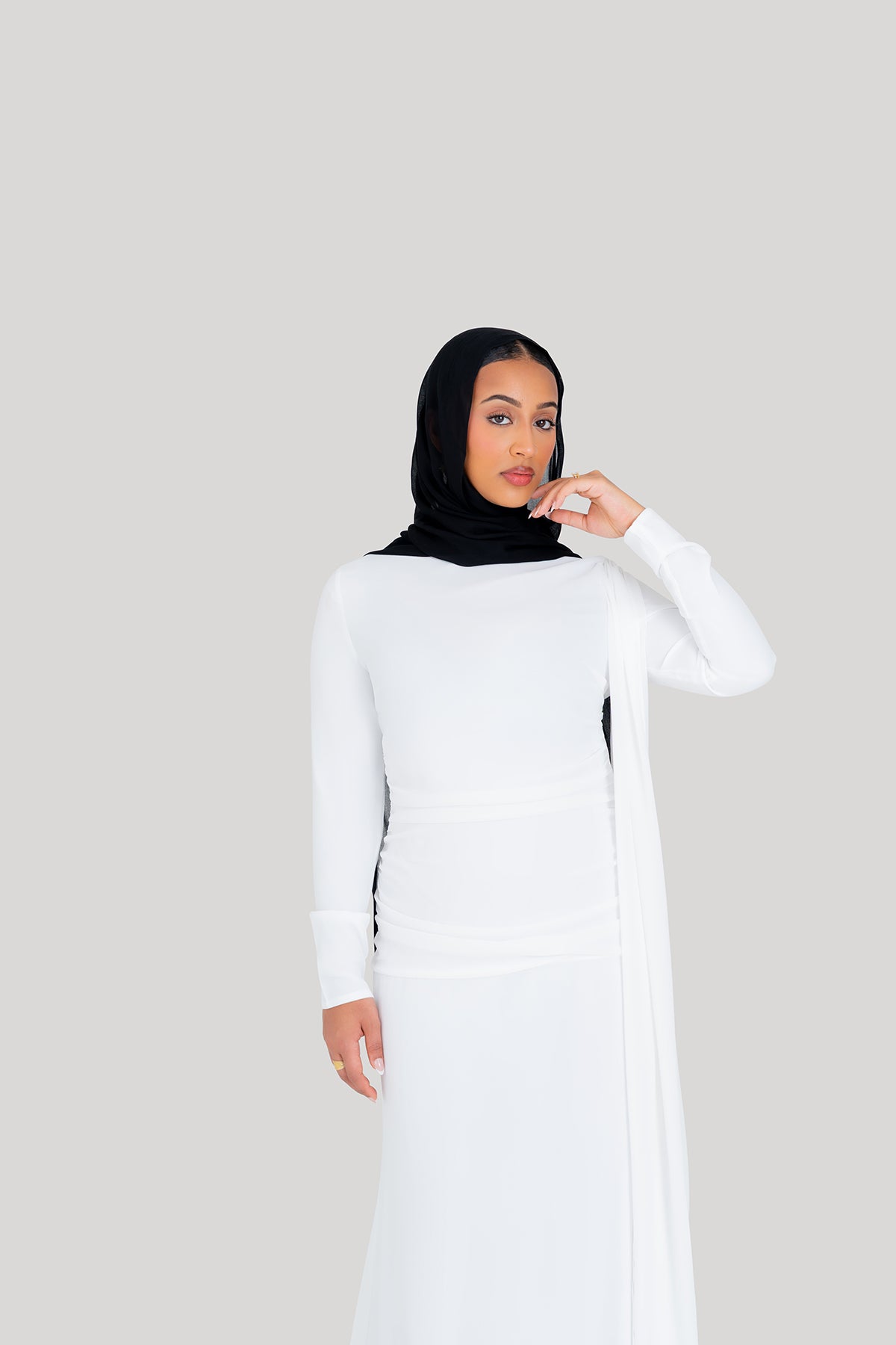 White Ruched Cape Dress