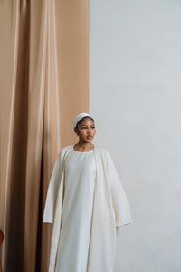 Shimmer Crinkle Open Abaya Set- Cream