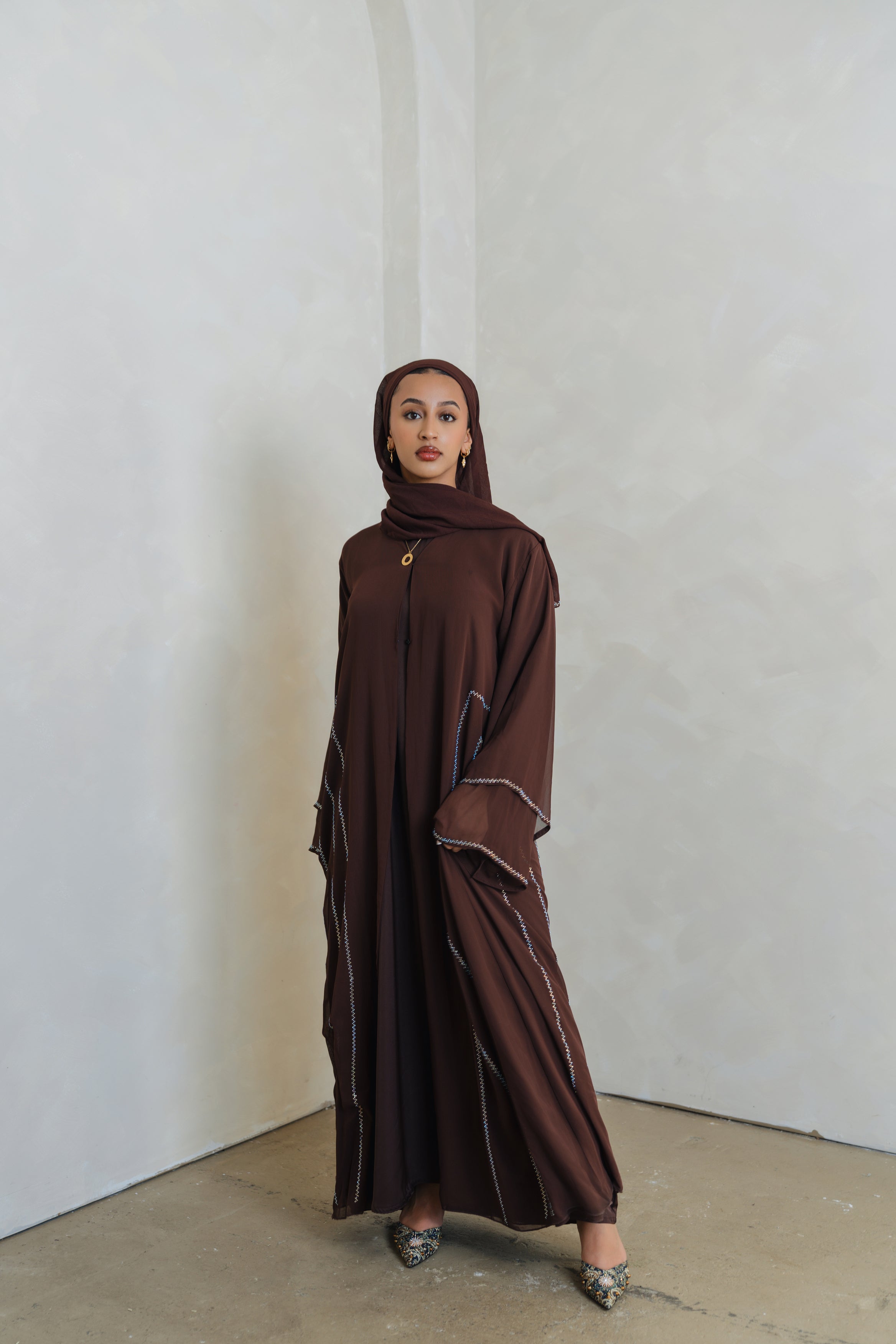 Brown Crystal Chiffon Abaya Set