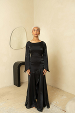 Load image into Gallery viewer, Black Satin Tulip Dress (PRE-ORDER)
